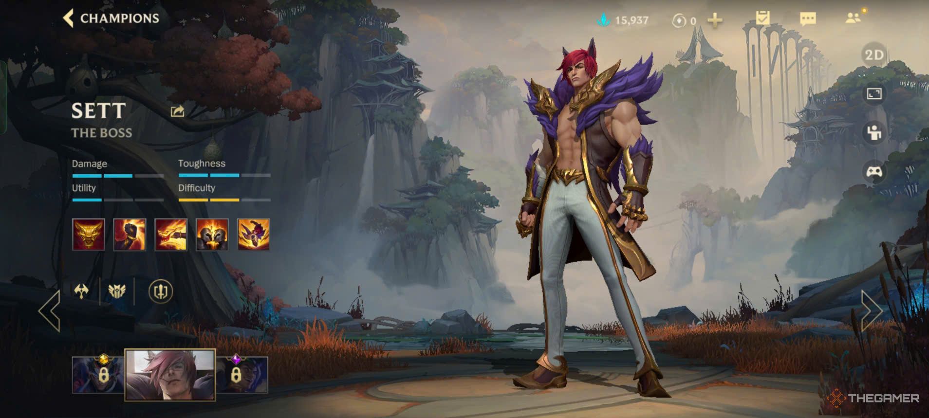 League of Legends: Wild Rift screen featuring Sett, displaying his abilities and stats.
