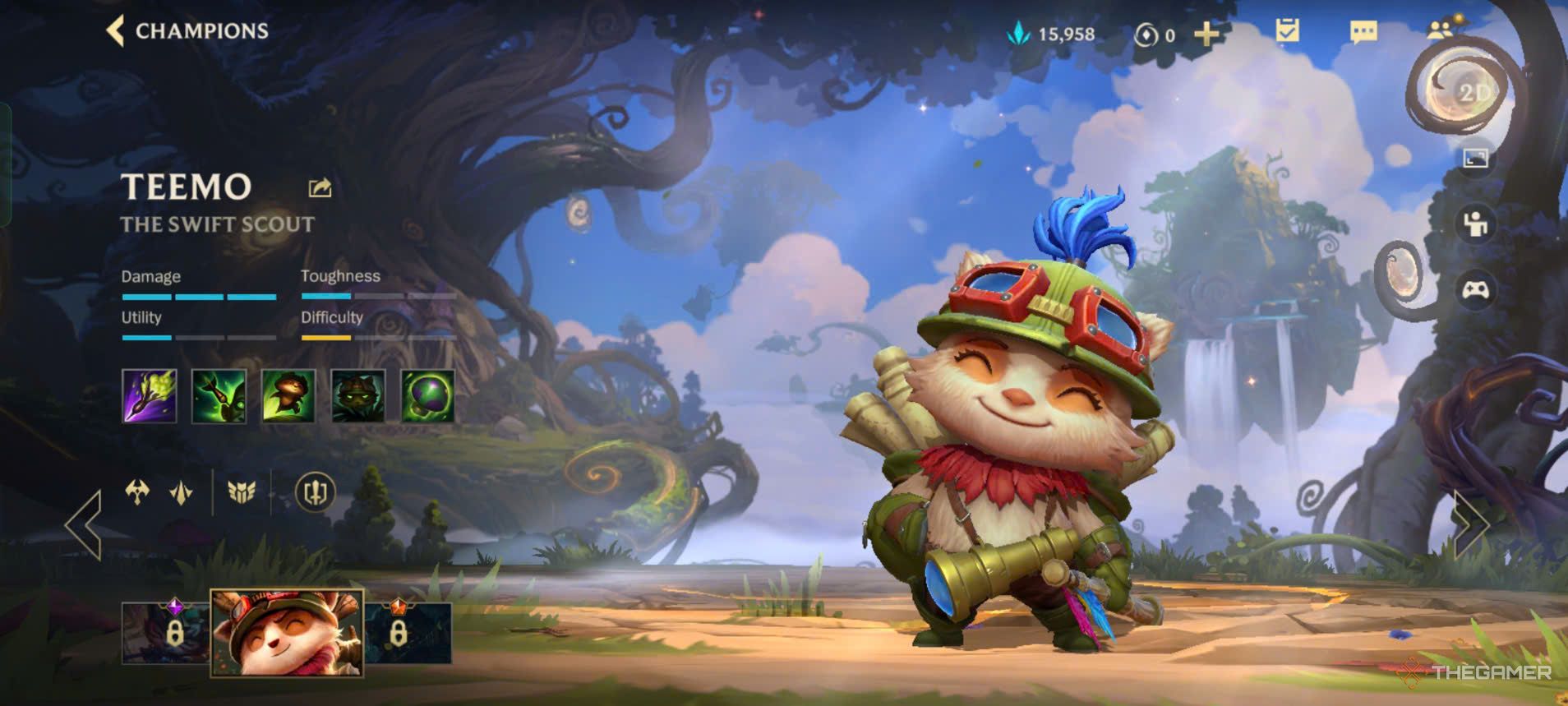 League of Legends Teemo: منوی Wild Rift با آمار و توانایی های خود.
