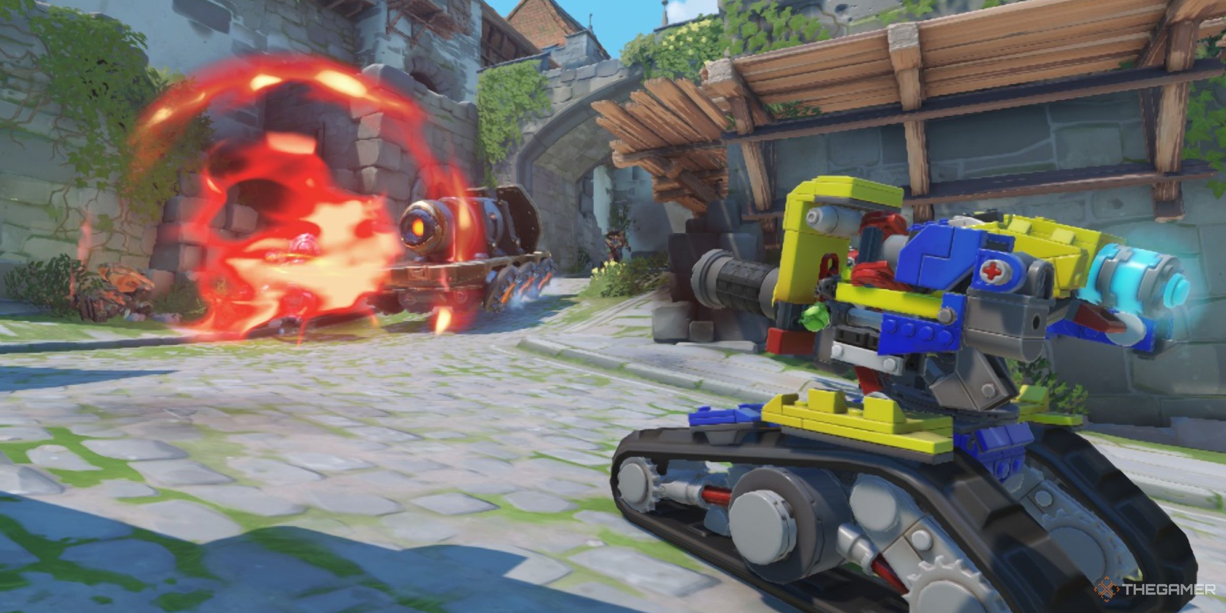 Lego Bastion Shooting Explosive Shots With His Lindholm Explosives Perk In Eichenwalde In Overwatch 2.