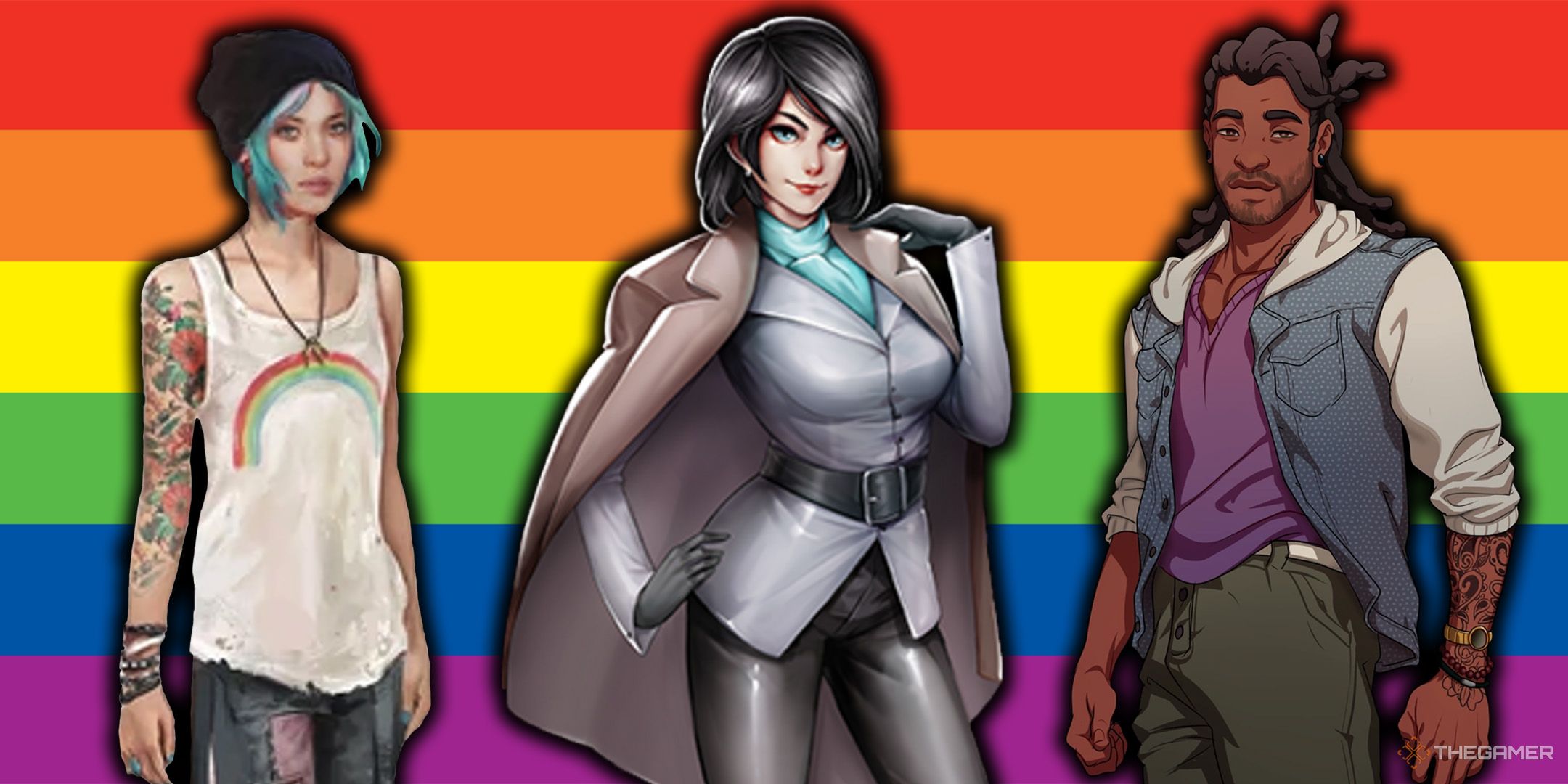 Chloe from Life is Strange, Marianne from The Letter, and Mat from Dream Daddy standing in front of a pride flag.