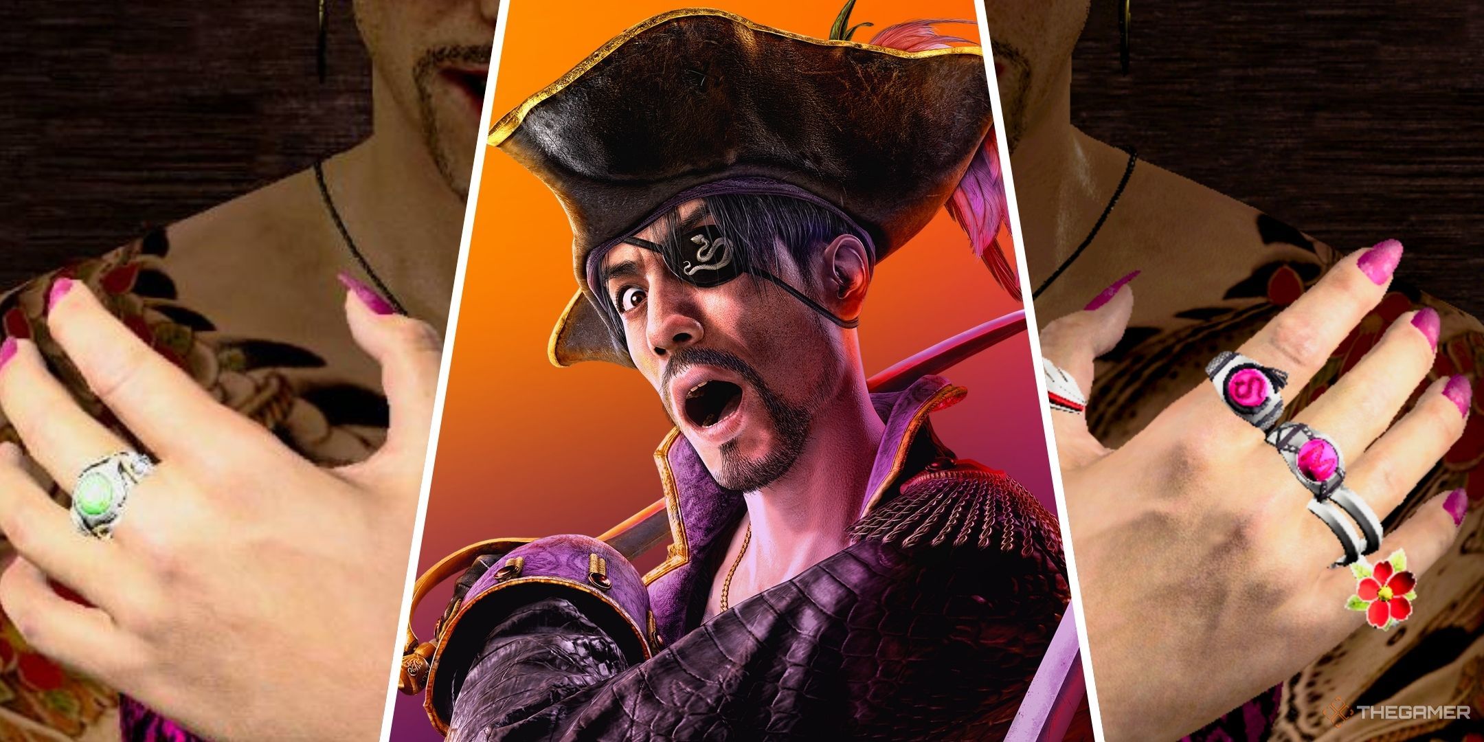 Like A Dragon Pirate Yakuza In Hawaii collage with two hands displaying rings and Pirate Majima in the middle.