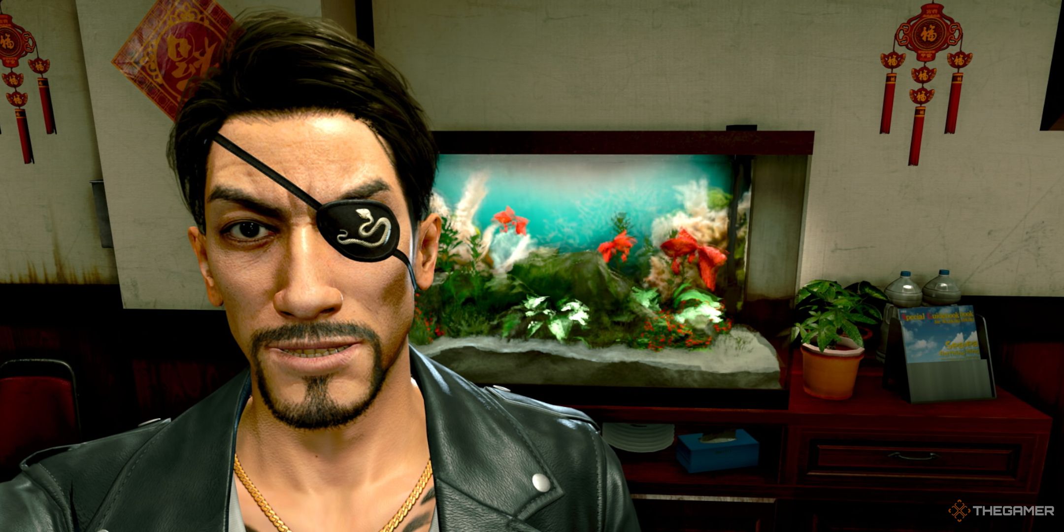 Like A Dragon Pirate Yakuza in Hawaii. Cultural District+Harbor Park Photo Rally. Majima posing with the fish tank in the Black Hibiscus restaurant.