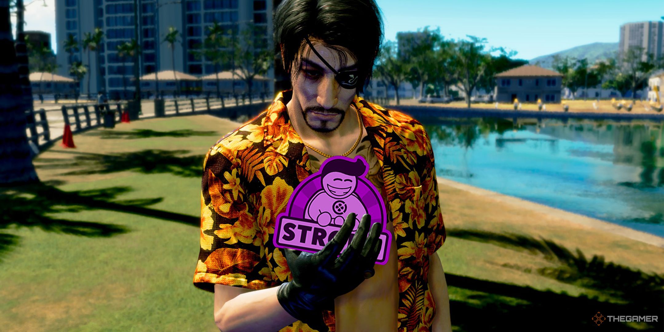 Like a Dragon Pirate Yakuza in Hawaii screenshot of Majima holding the Strong Opencritic badge.