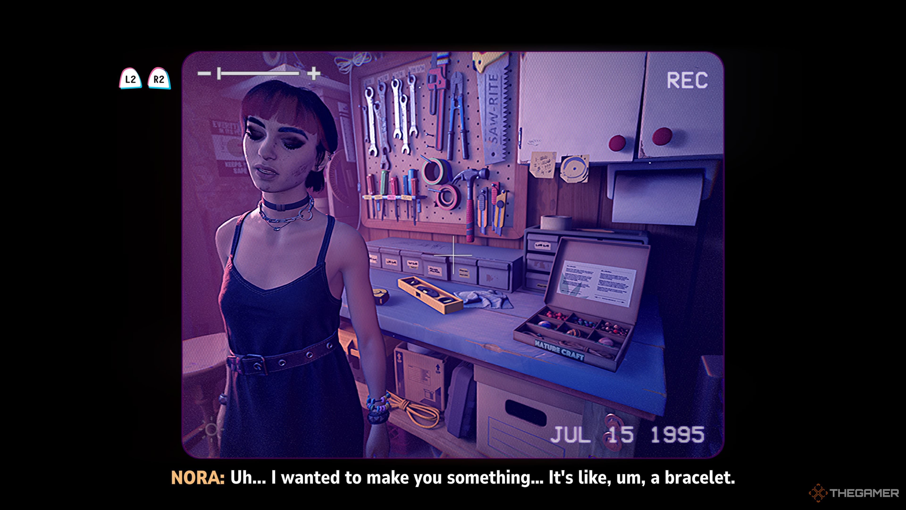 Nora stands in her garage with a box of beads in Lost Records: Bloom &amp; Rage, telling Swann that she wanted to make her something.