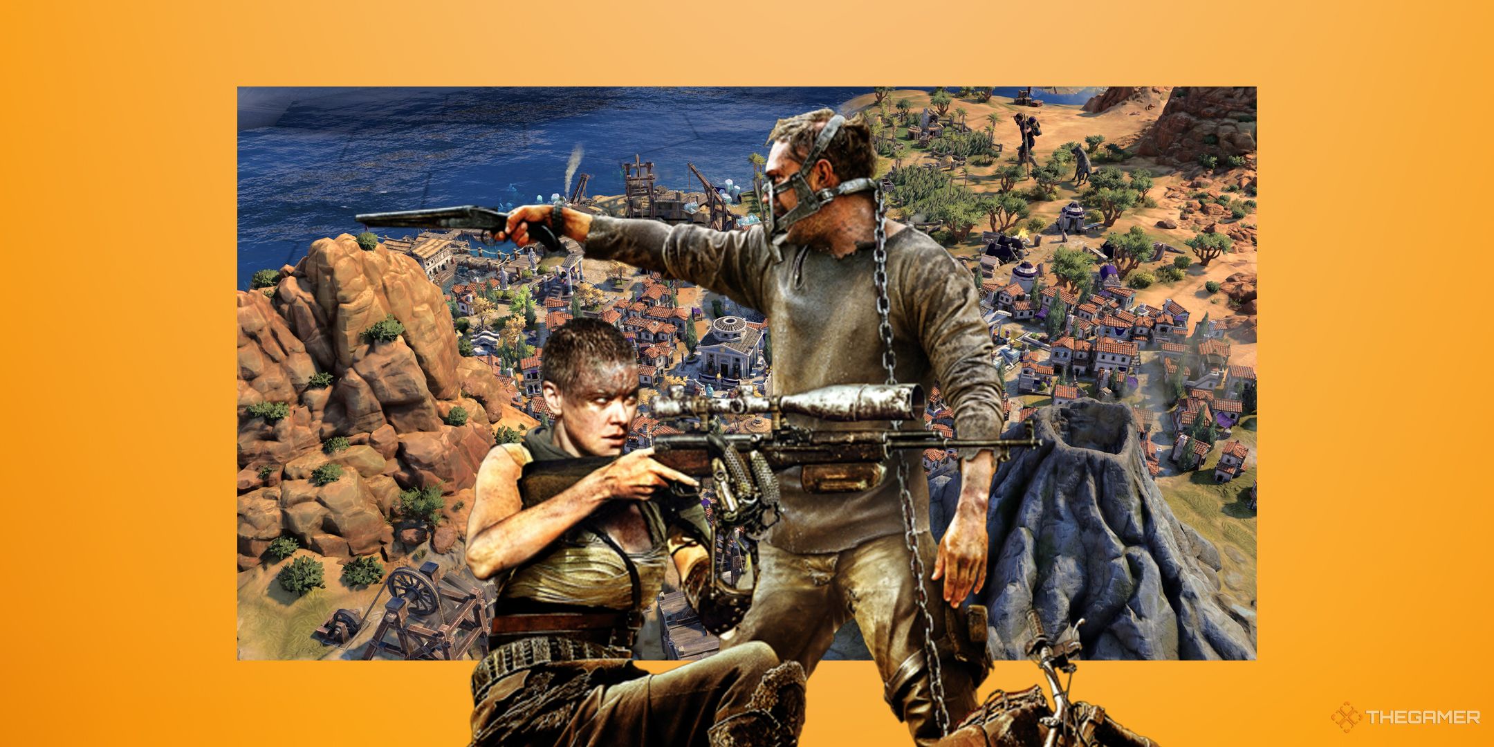 Mad Max characters over a screenshot of Civilization 7 on an orange background.