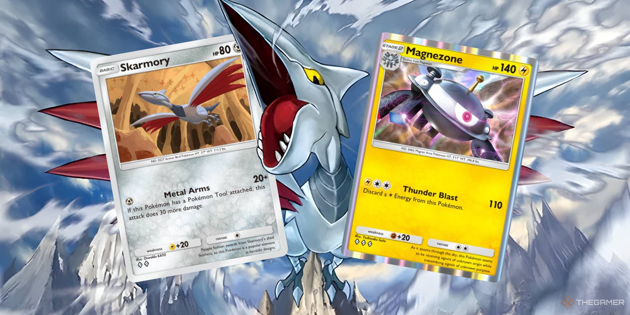 The Skarmory and Magnezone cards, from Space-Time Smackdown, are held apart by a Skarmory perched on a mountaintop, pushing its head between the cards.