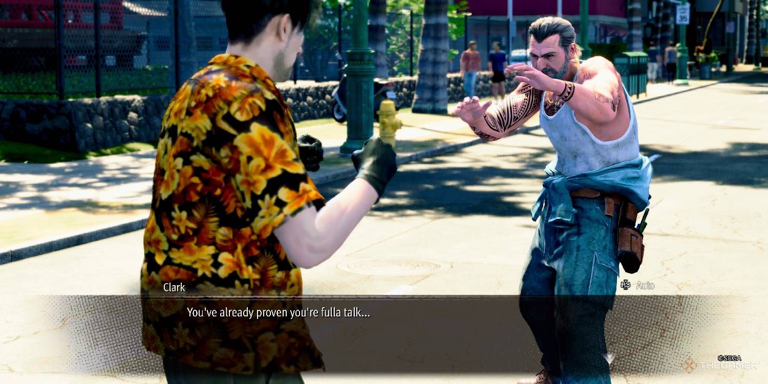 Majima about to fight Clark from Like A Dragon Pirate Yakuza In Hawaii.