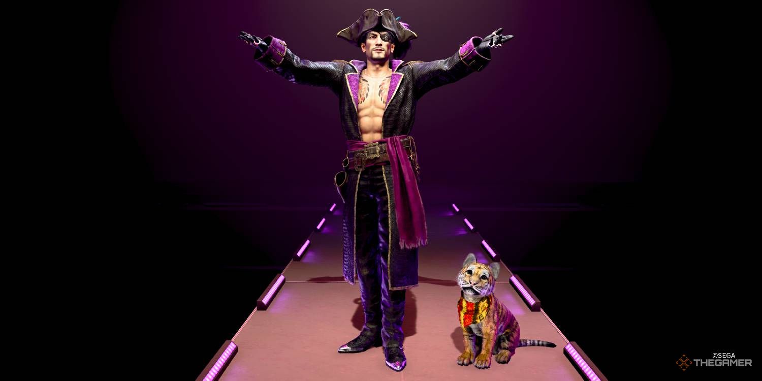 Majima and Goro posing to show off the Sea Dog Style costume in Like A Dragon Pirate Yakuza In Hawaii.