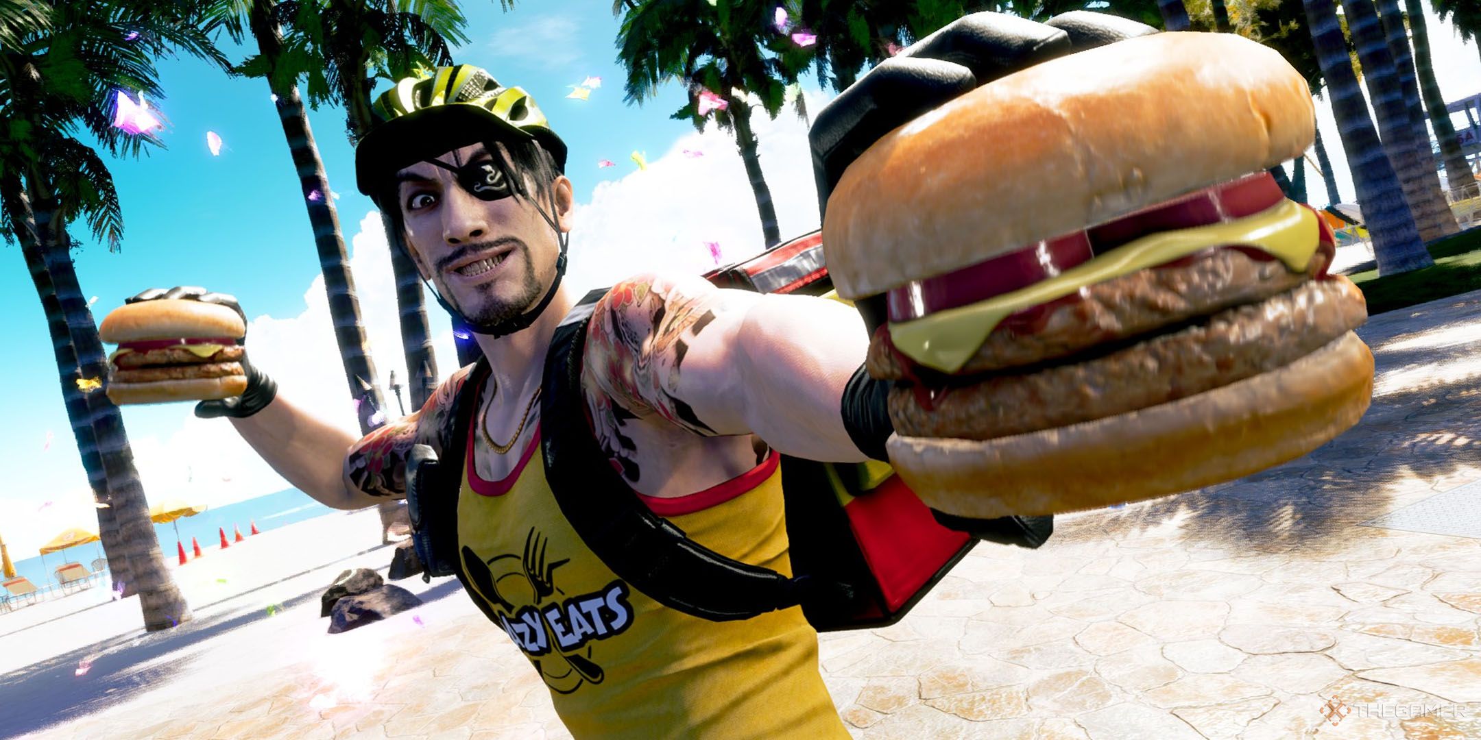 Majima in his Crazy Eats uniform holding a burger in Like a Dragon Pirate Yakuza in Hawaii.