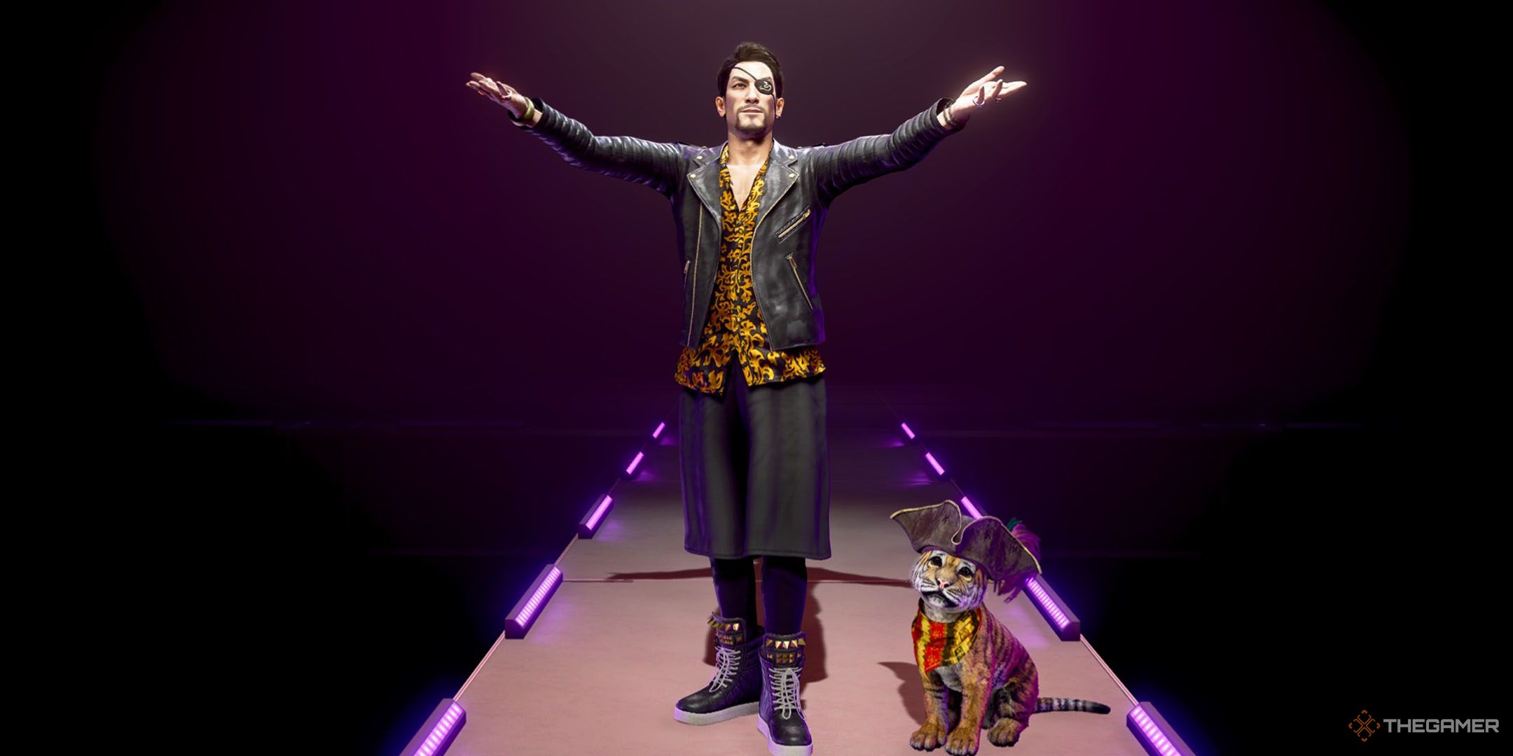 Majima in Zhao's outfit with Goro the tiger in Like a Dragon Pirate Yakuza in Hawaii.