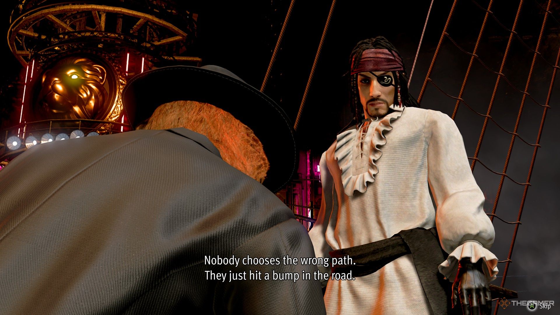 Majima is talking to Mortimer in Like A Dragon Pirate Yakuza In Hawaii.