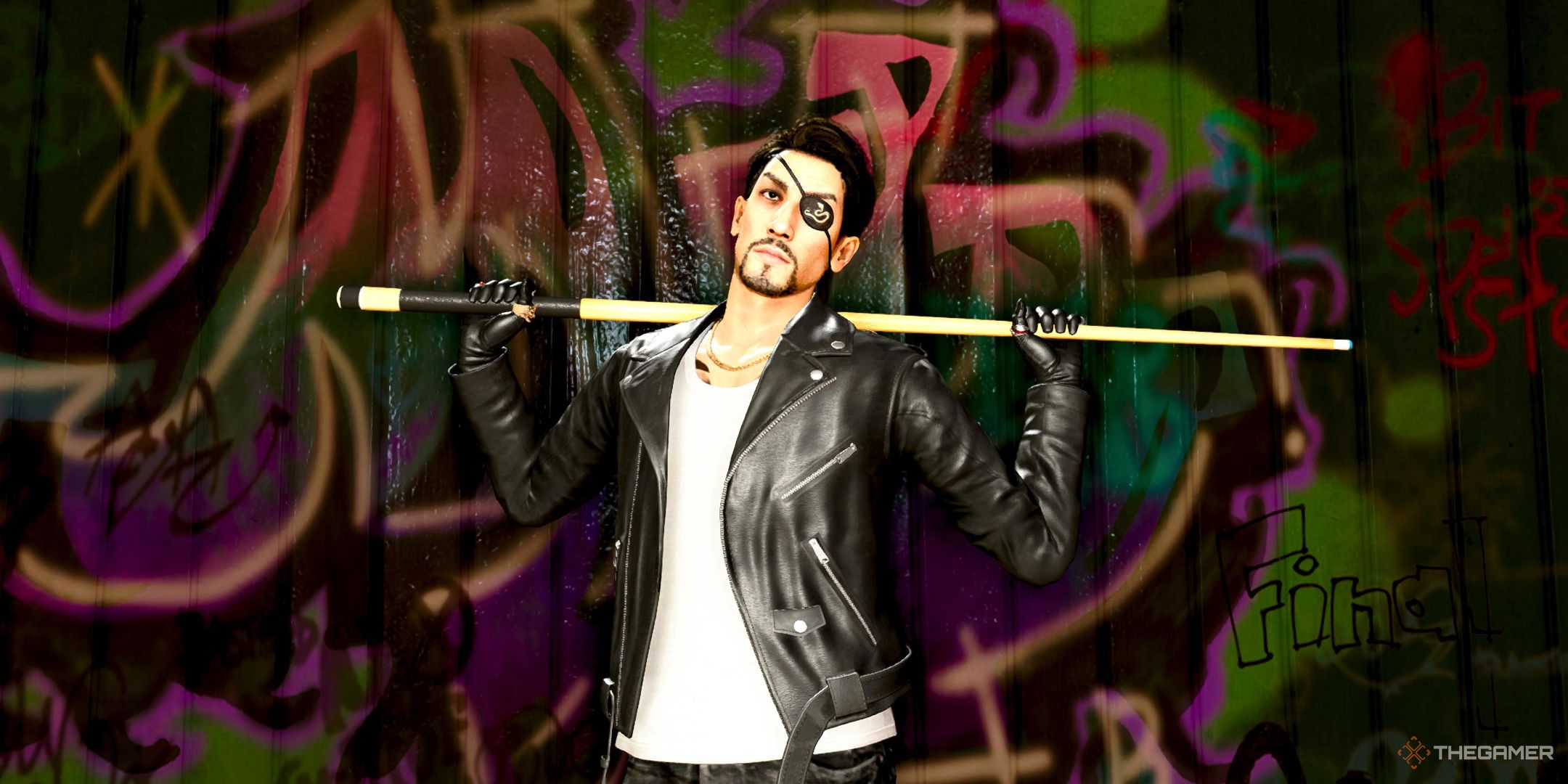 Majima looking extra cocky as he poses with his pool cue in Like A Dragon Pirate Yakuza in Hawaiii.