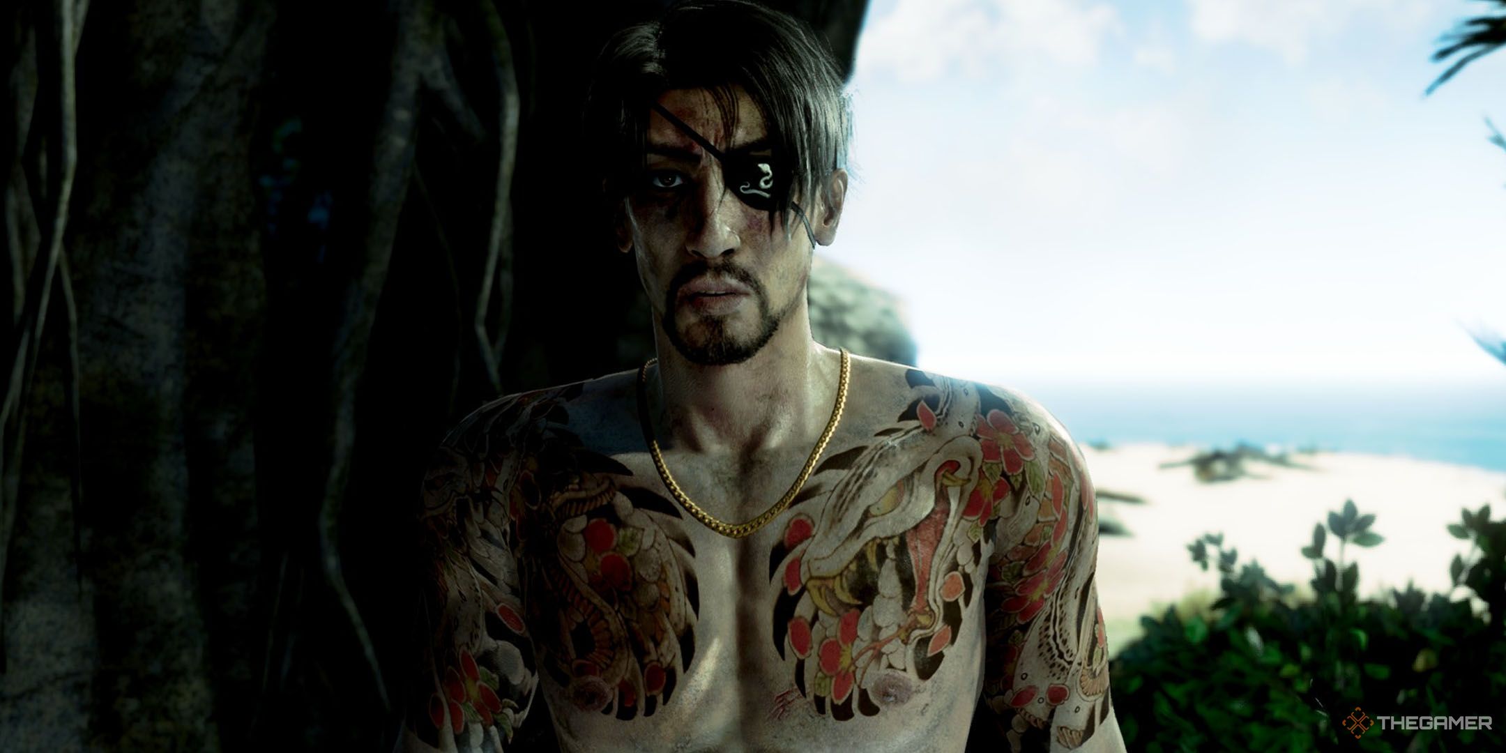 Majima looking sad in Like a Dragon Pirate Yakuza in Hawaii.