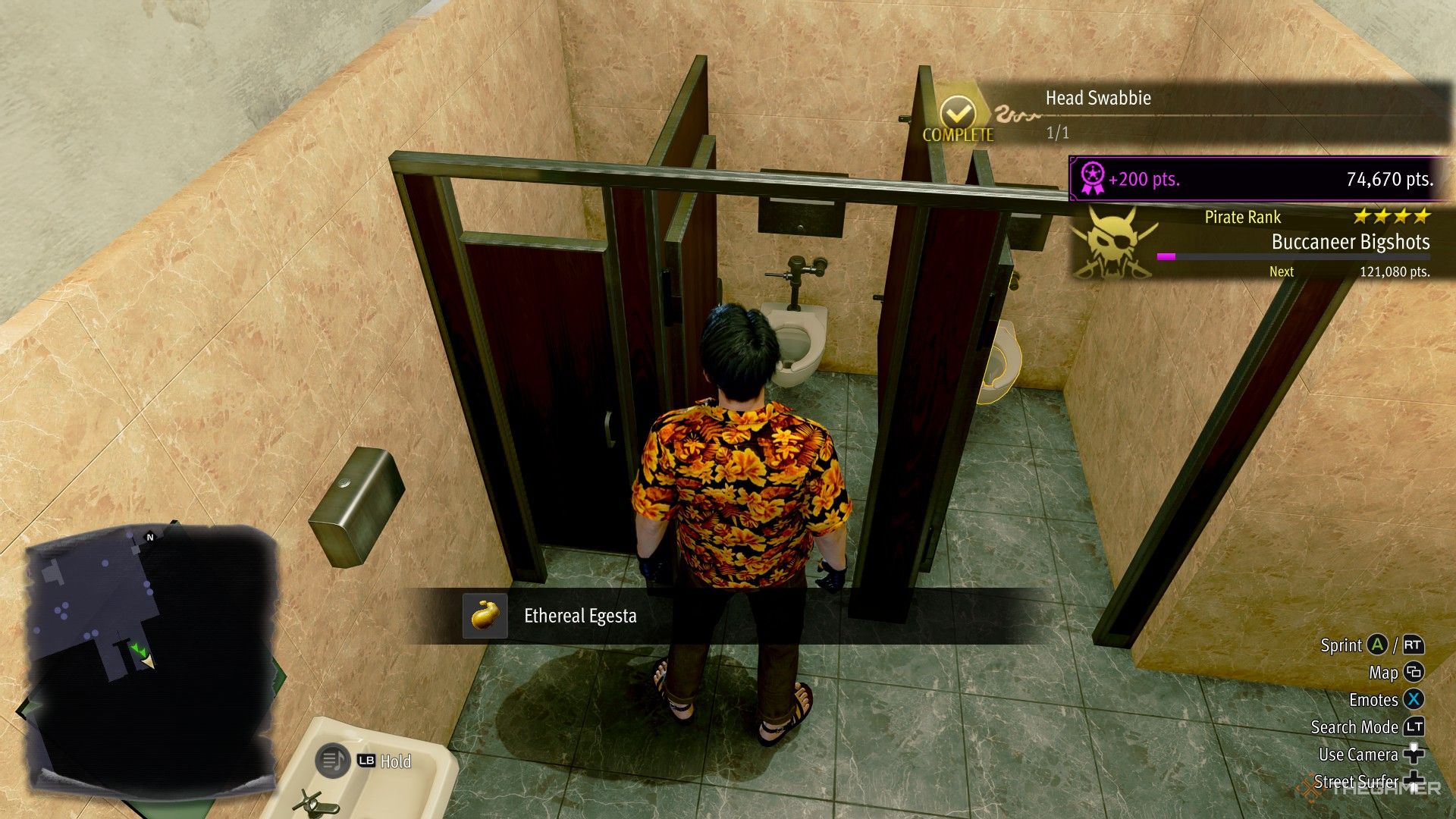 Majima near toilets in Anaconda shopping center (east) in Like a Dragon Pirate Yakuza in Hawaii.