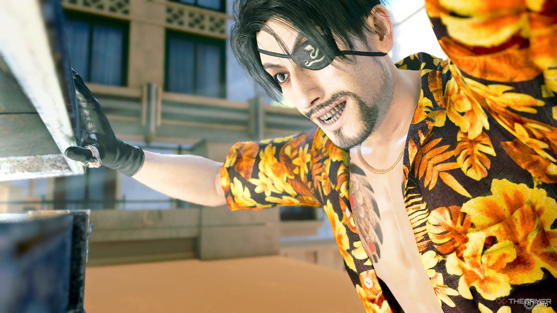 Majima opening a treasure chest in Like a Dragon Pirate Yakuza in Hawaii.