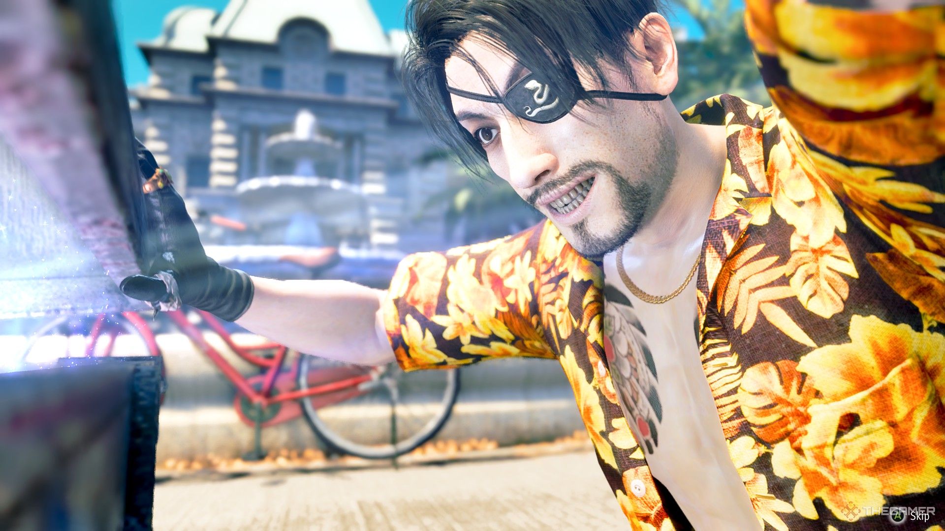 Majima opening the Crazy Delivery silver treasure chest in Like a Dragon Pirate Yakuza in Hawaii.