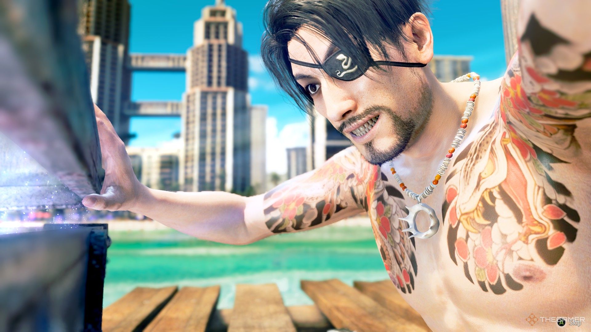 Majima opening the Graysons Weapons at Sea silver treasure chest in Like a Dragon Pirate Yakuza in Hawaii.