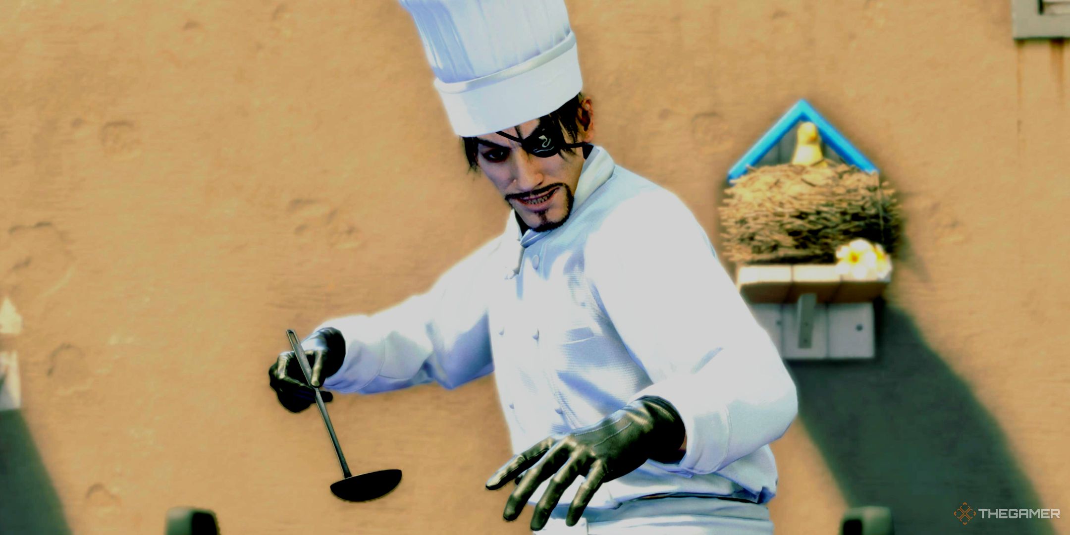 Majima prepares to skim scum in Goro Goro Kitchen.