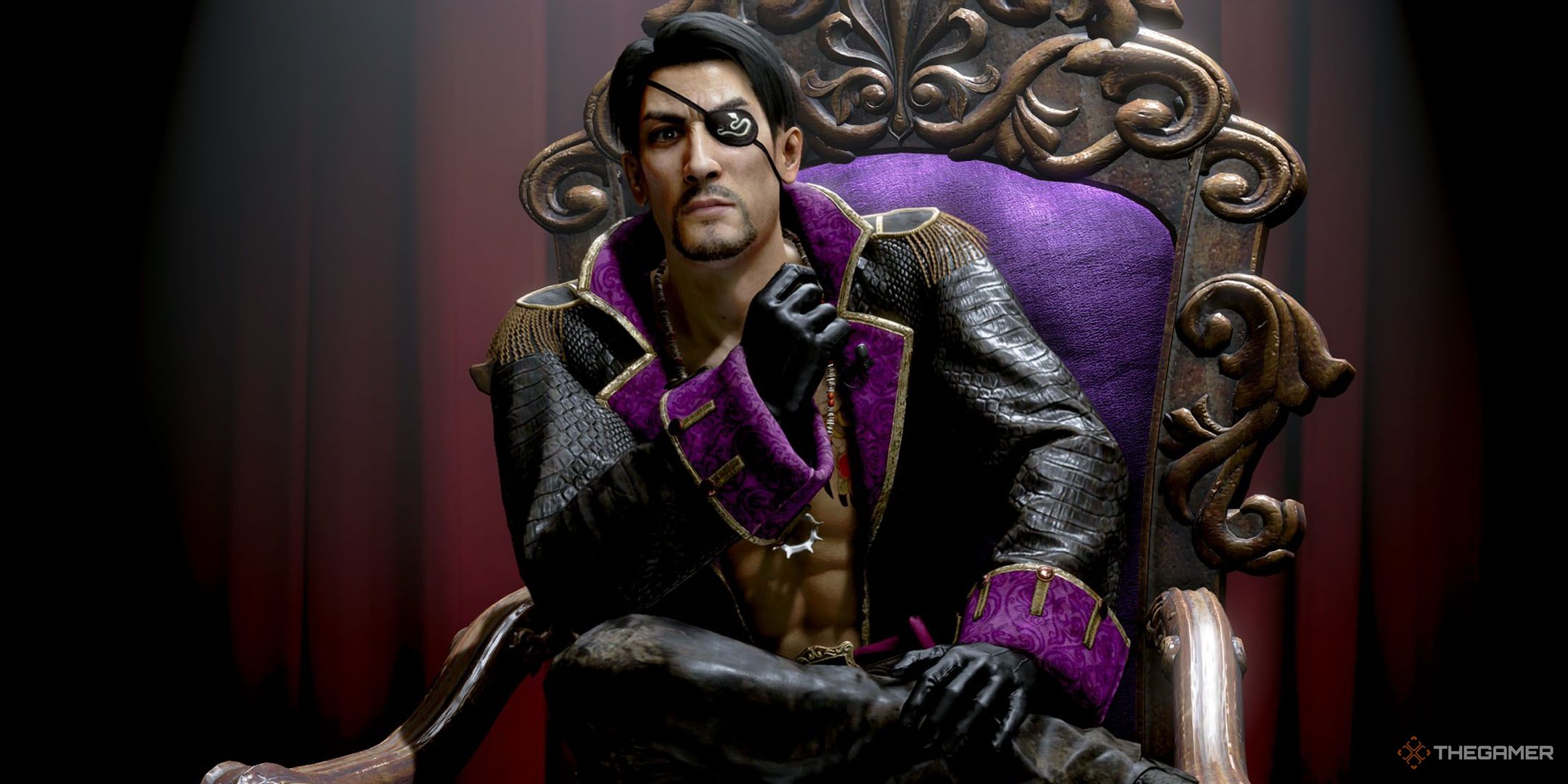 Majima sitting on a throne in Like a Dragon Pirate Yakuza in Hawaii.