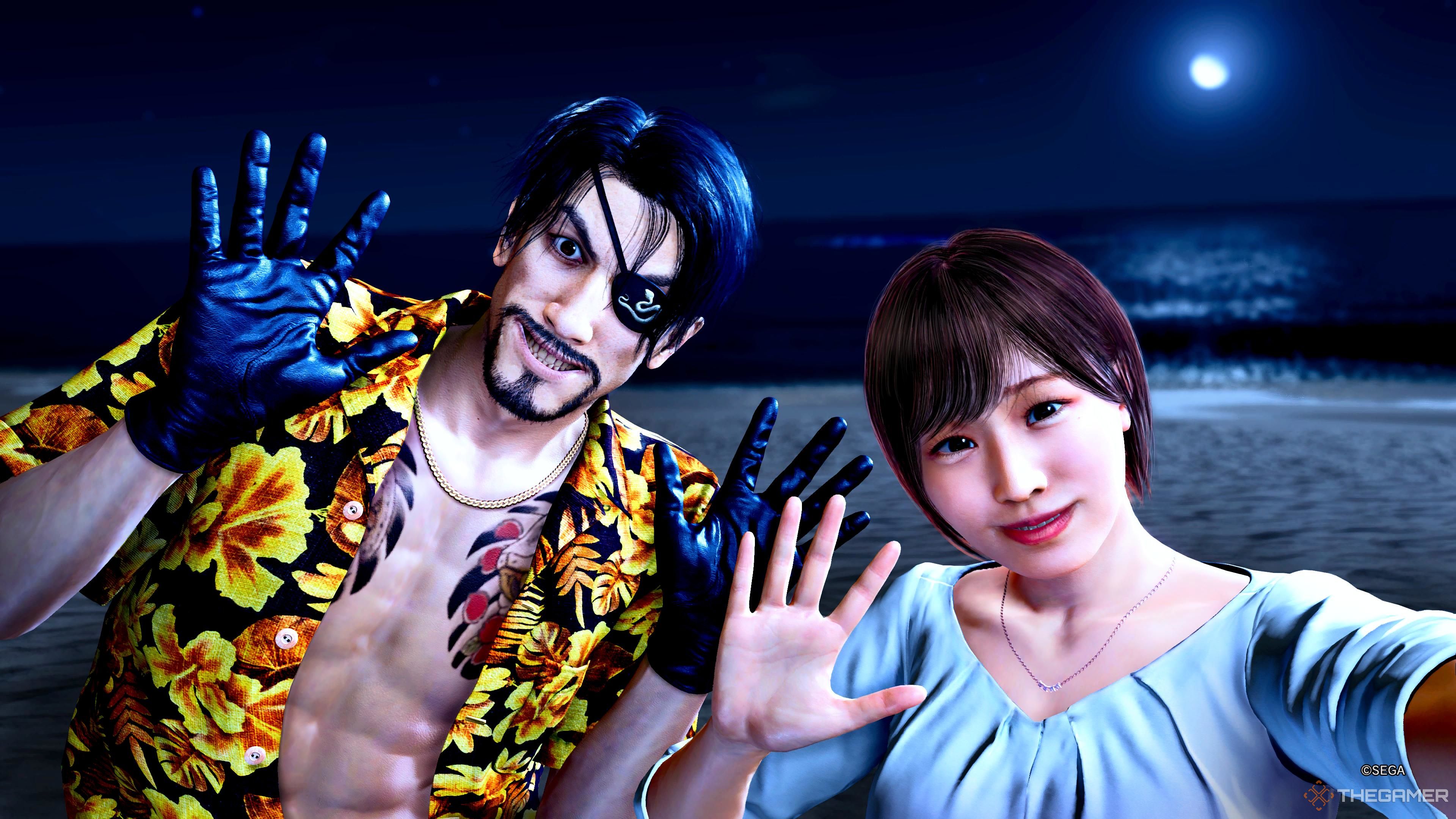 Majima taking a picture with Ai in Like A Dragon Pirate Yakuza in Hawaiii.