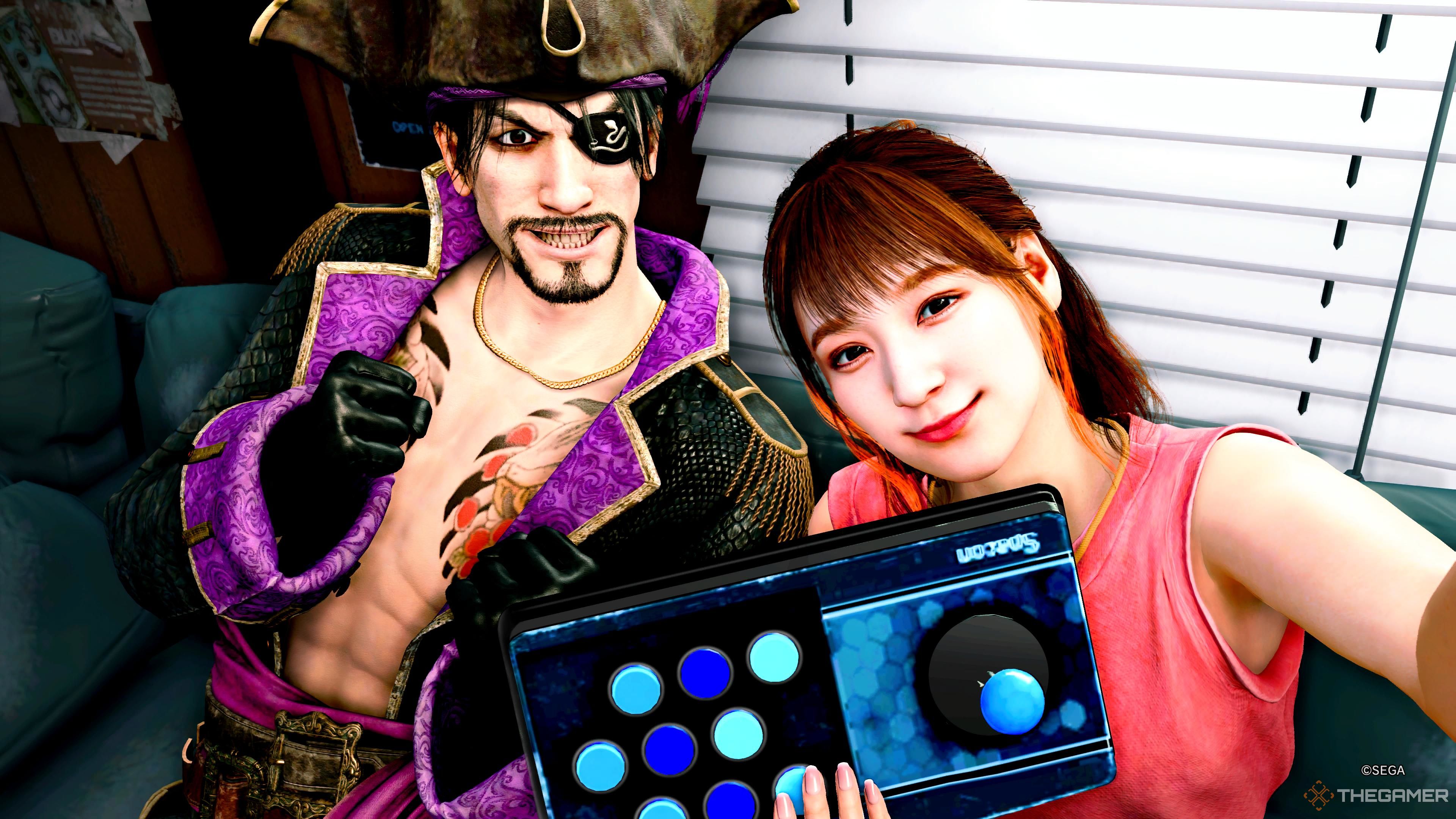 Majima taking a picture with Misoshi in Like A Dragon Pirate Yakuza in Hawaiii.