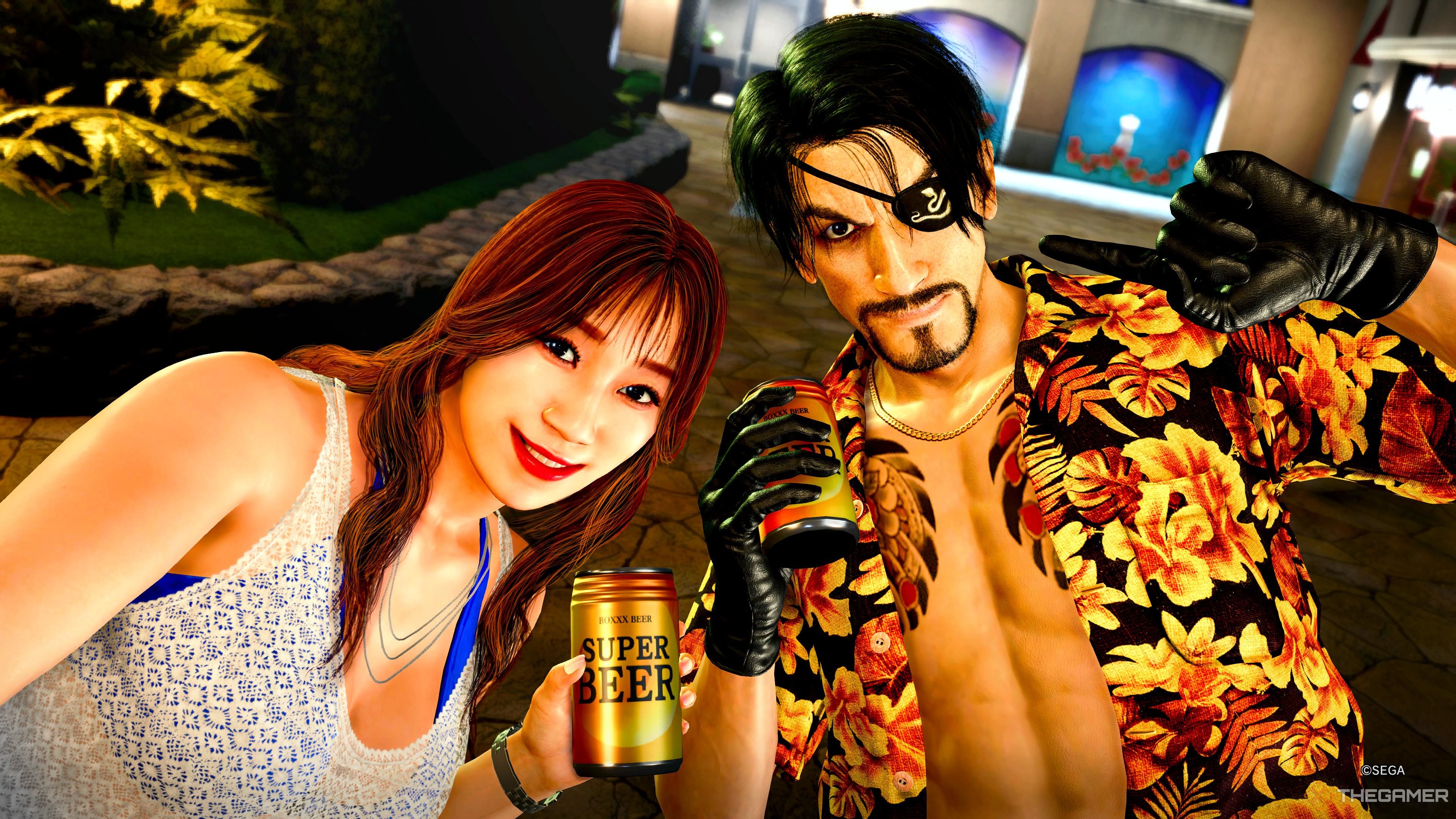 Majima taking a picture with Seiko in Like A Dragon Pirate Yakuza in Hawaiii.