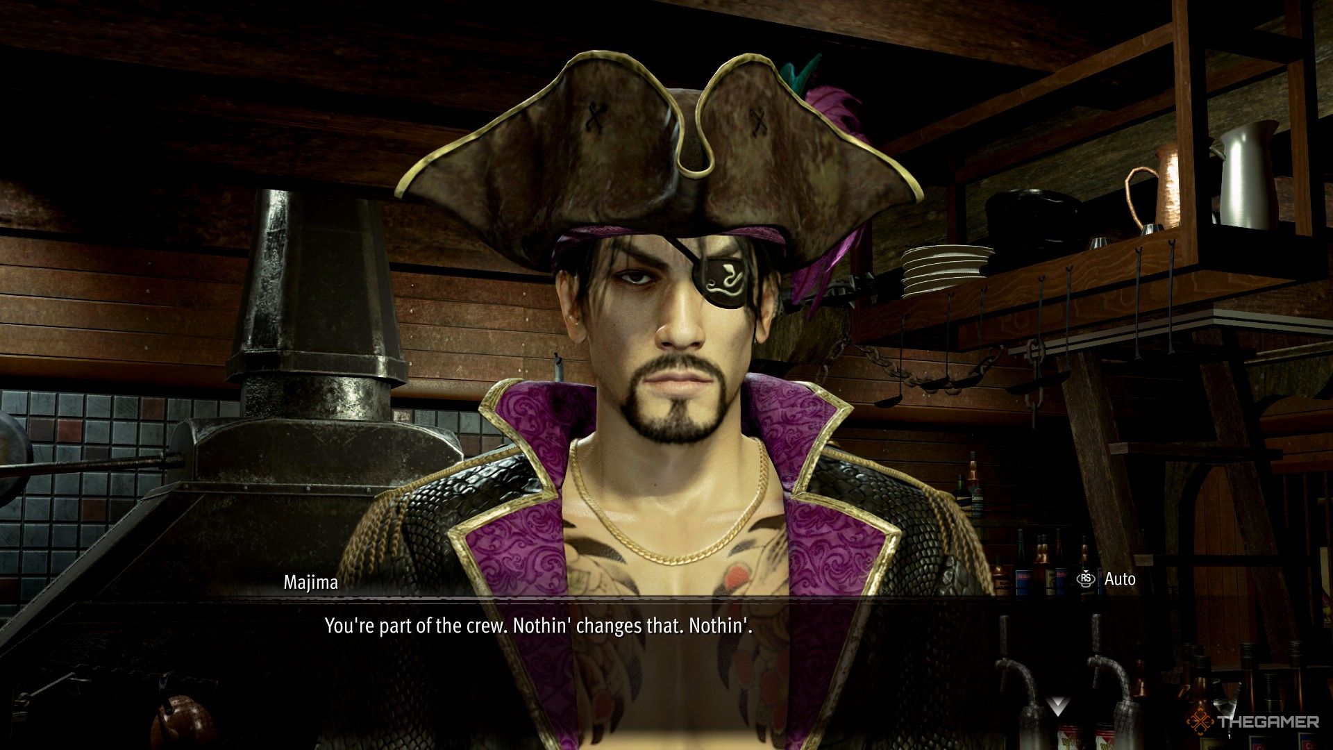 Majima talking to his crew  in Like A Dragon Pirate Yakuza In Hawaii.