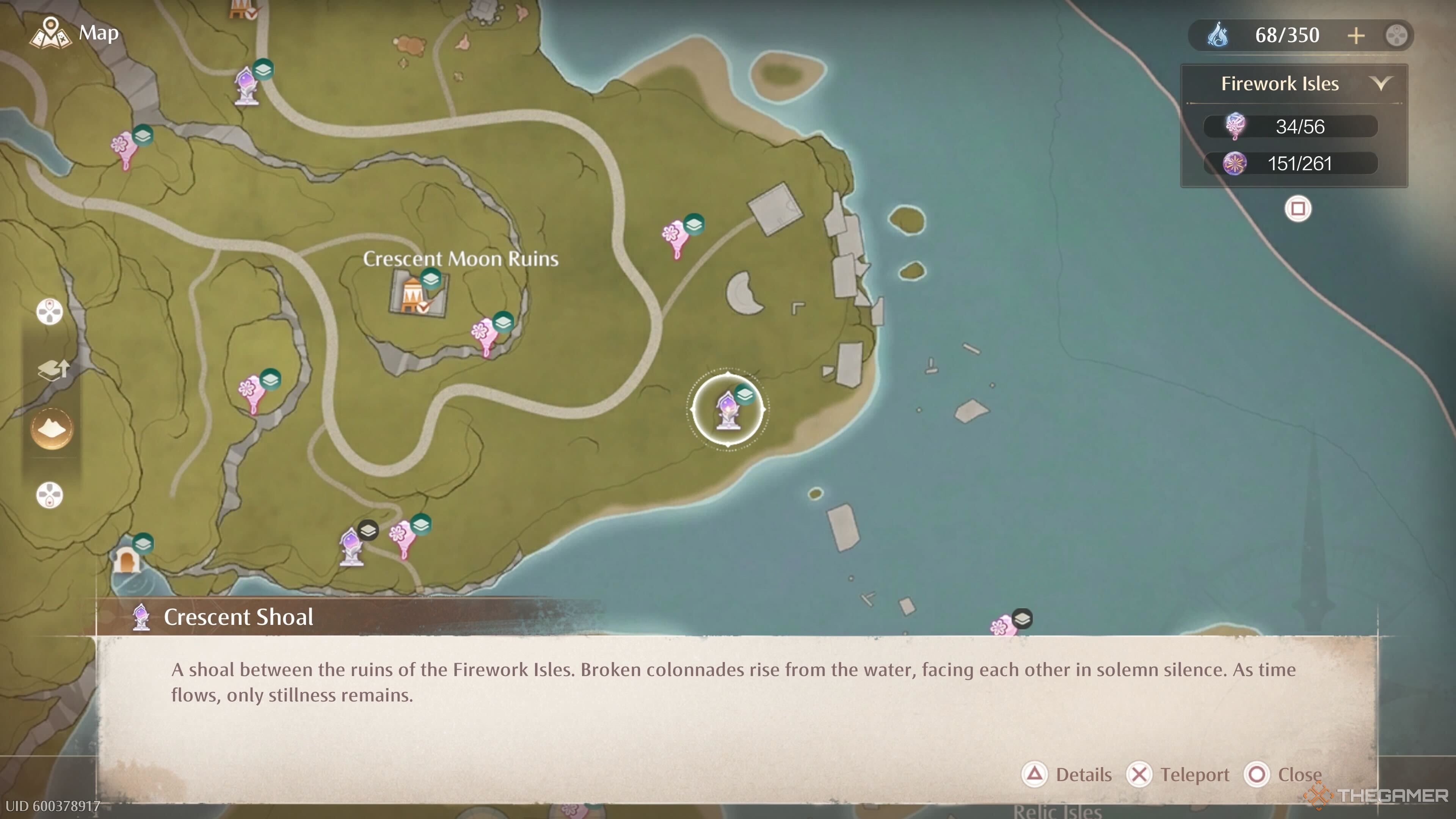 Map location of the Crescent Shoal Warp Spire in the Firework Isles in Infinity Nikki.