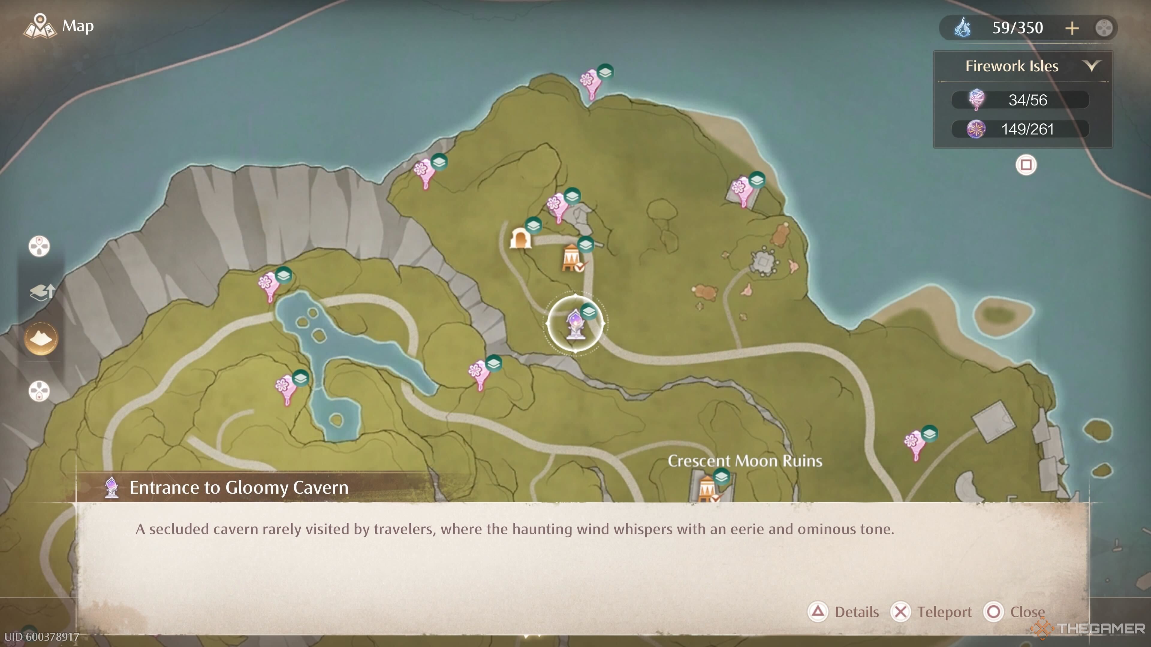 Map location of the Entrance to Gloomy Cavern Warp Spire in the Firework Isles in Infinity Nikki.