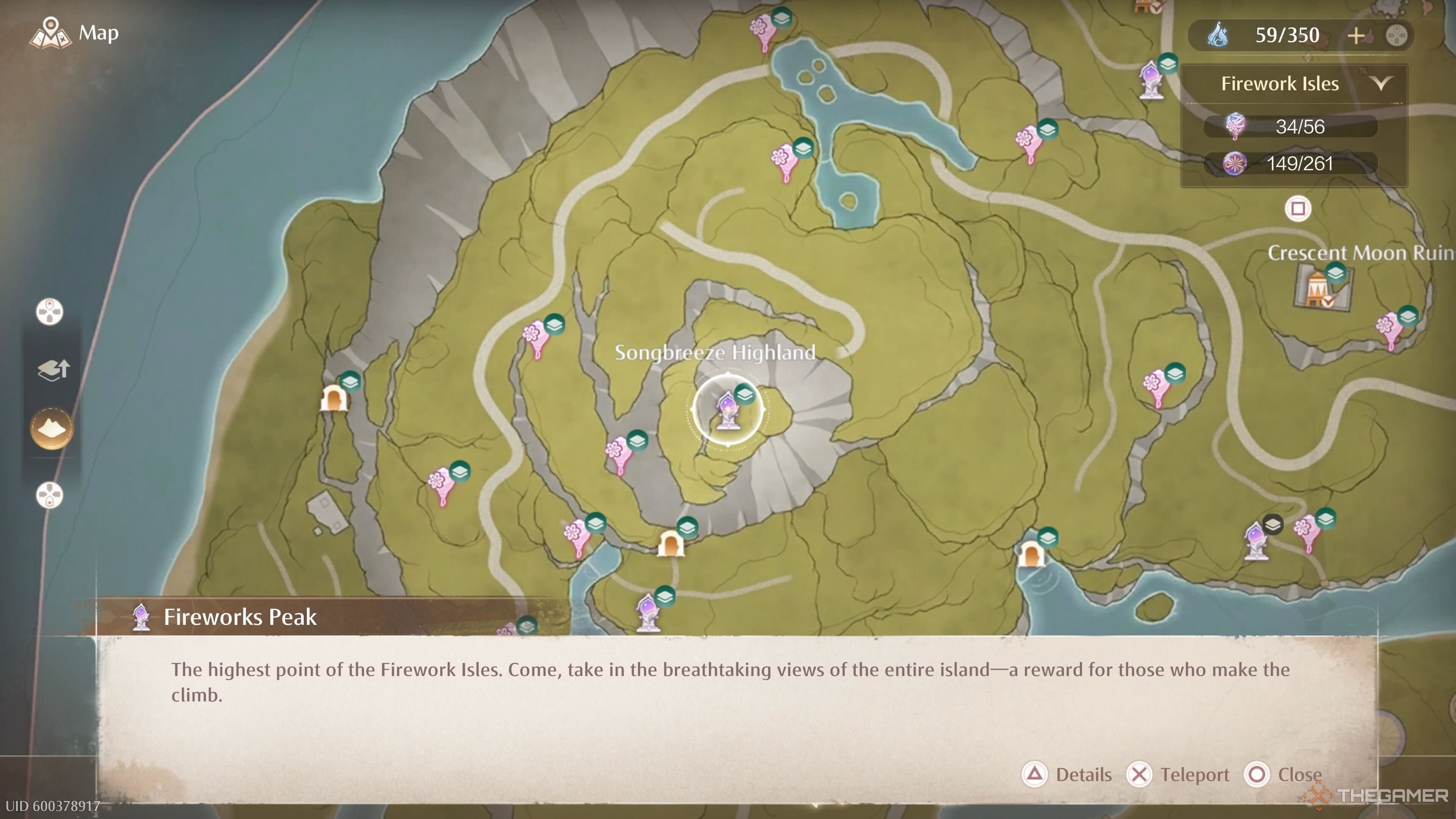 Map location of the Fireworks Peak Warp Spire in the Firework Isles in Infinity Nikki.