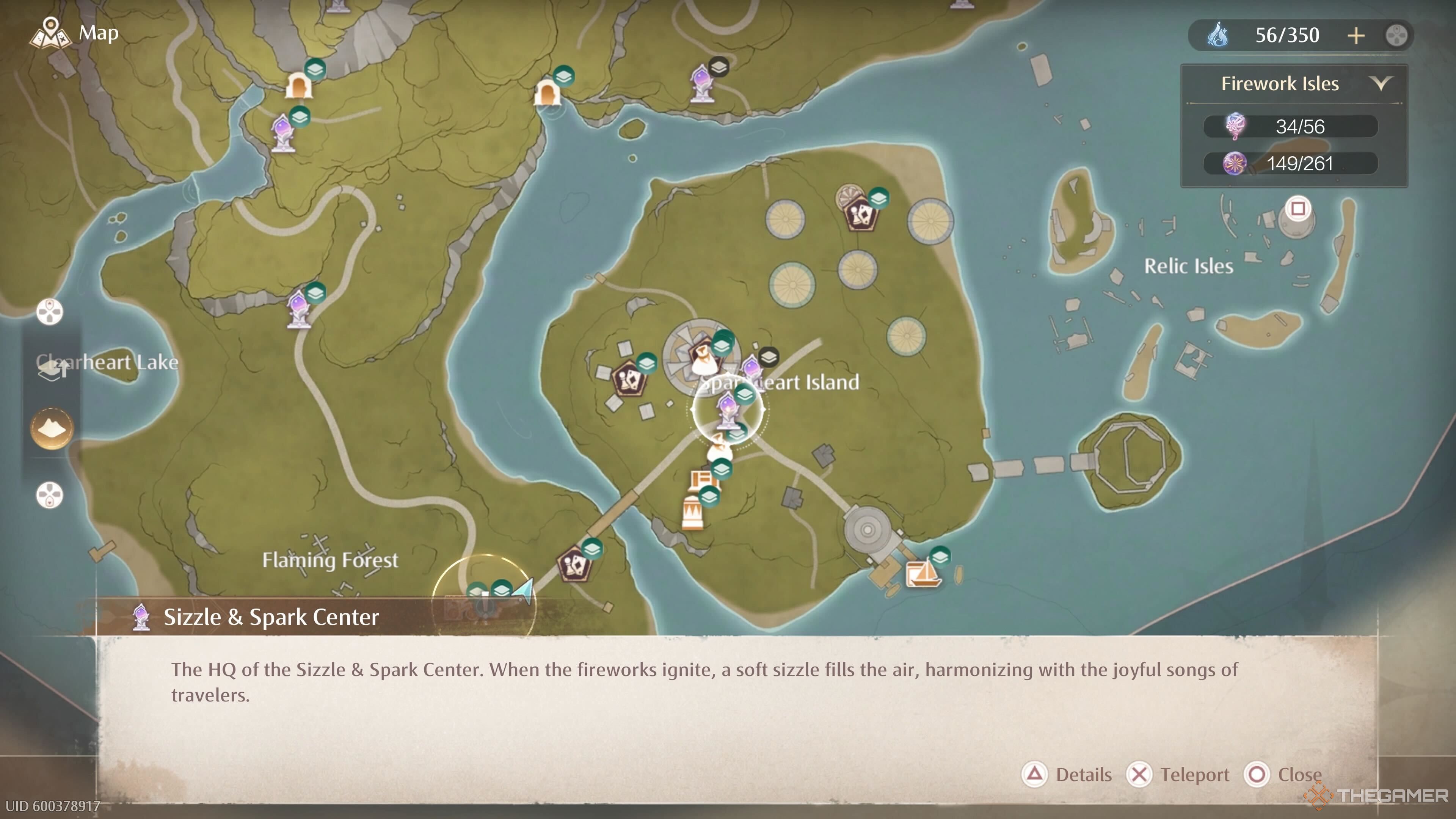 Map location of the Sizzle and Spark Center Warp Spire in the Firework Isles in Infinity Nikki.