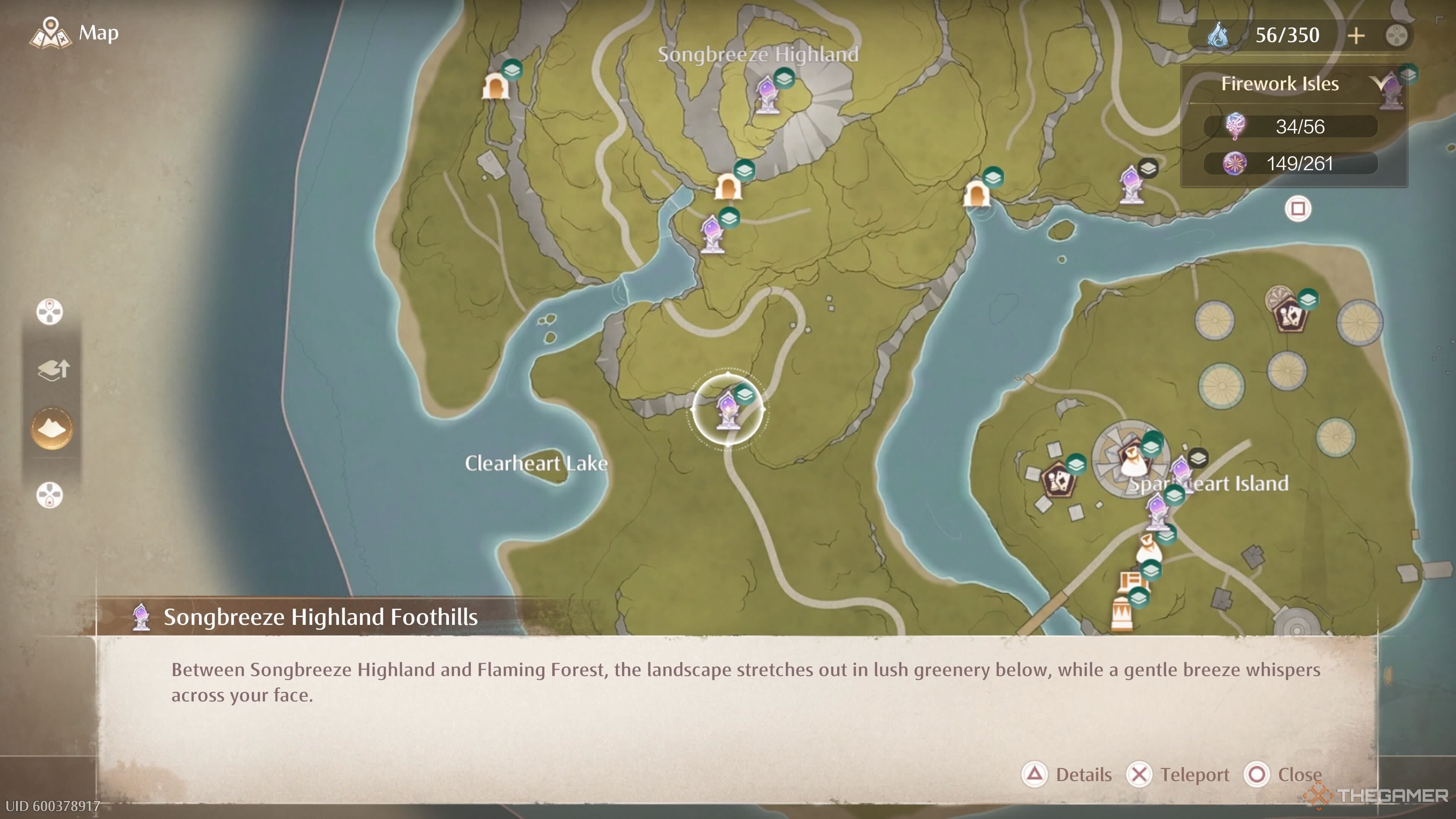 Map location of the Songbreeze Highland Foothills Warp Spire in the Firework Isles in Infinity Nikki.