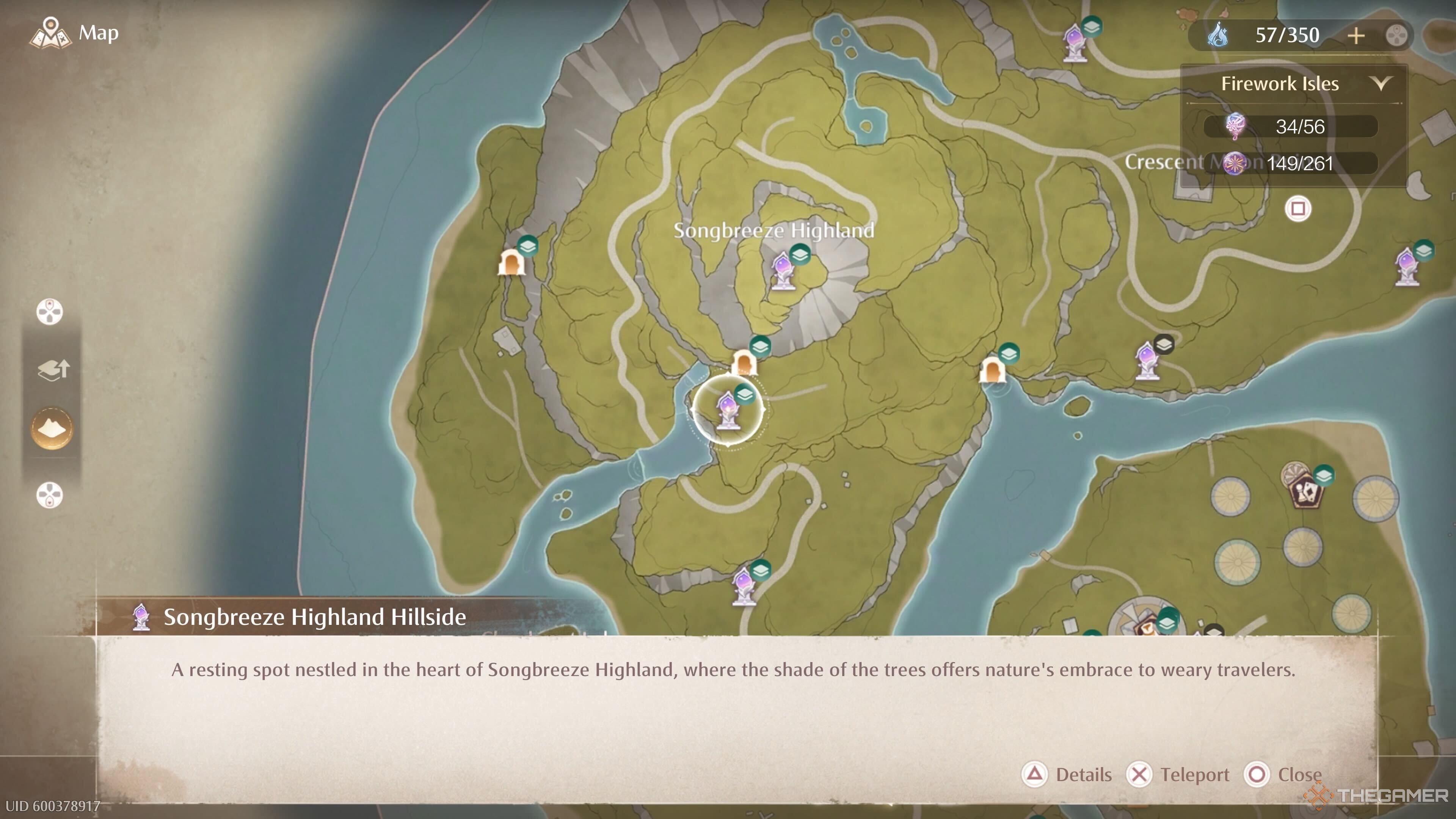 Map location of the Songbreeze Highland Hillside Warp Spire in the Firework Isles in Infinity Nikki.