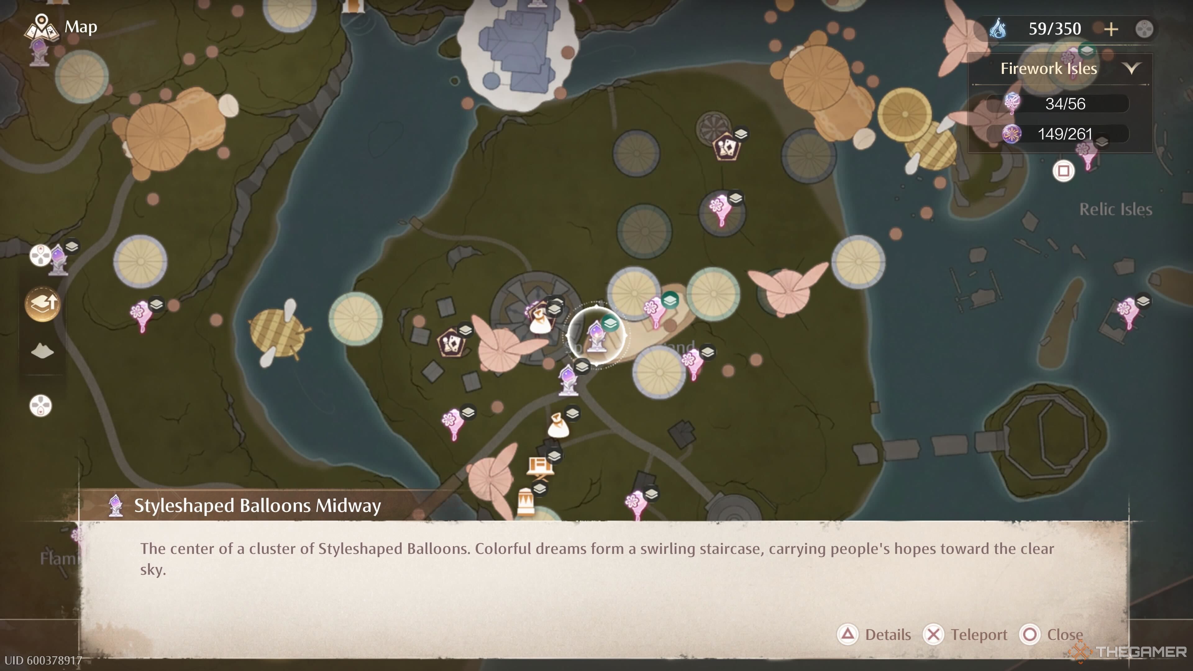 Map location of the Styleshaped Balloons Midway Warp Spire in the Firework Isles in Infinity Nikki.