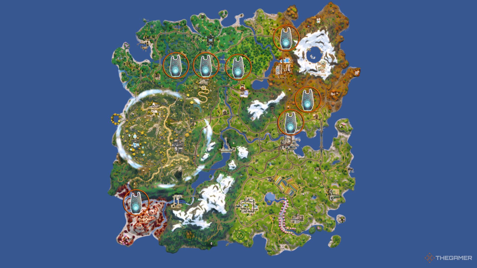 Map showing Shrine locations in Fortnite.