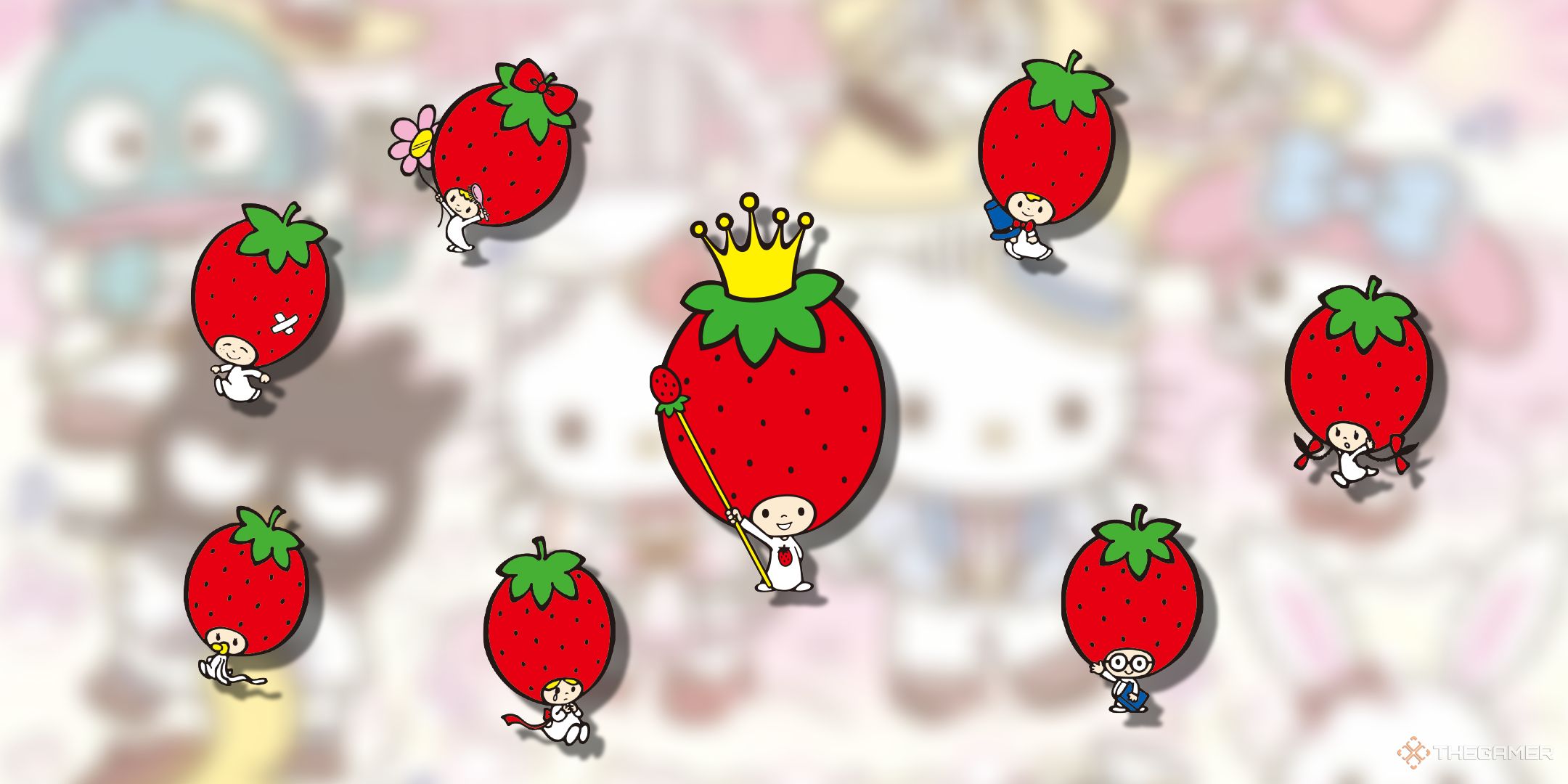 اعضای پادشاهی توت فرنگی در پس زمینه مبهم Sanrio.