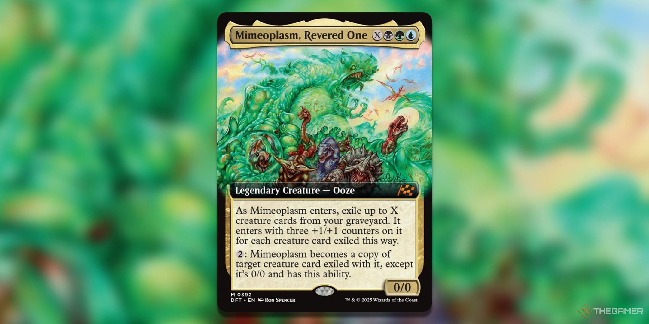 The borderless Mimeoplasm, Revered One card, from Aetherdrift.
