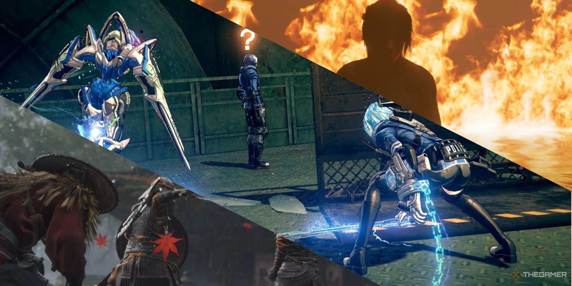 Jin sneaking up on enemies in ghost of tsushima, a player and legion sneaking up on an enemy in astral chain, and lara rising from fire in shadow of the tomb raider, left to right.