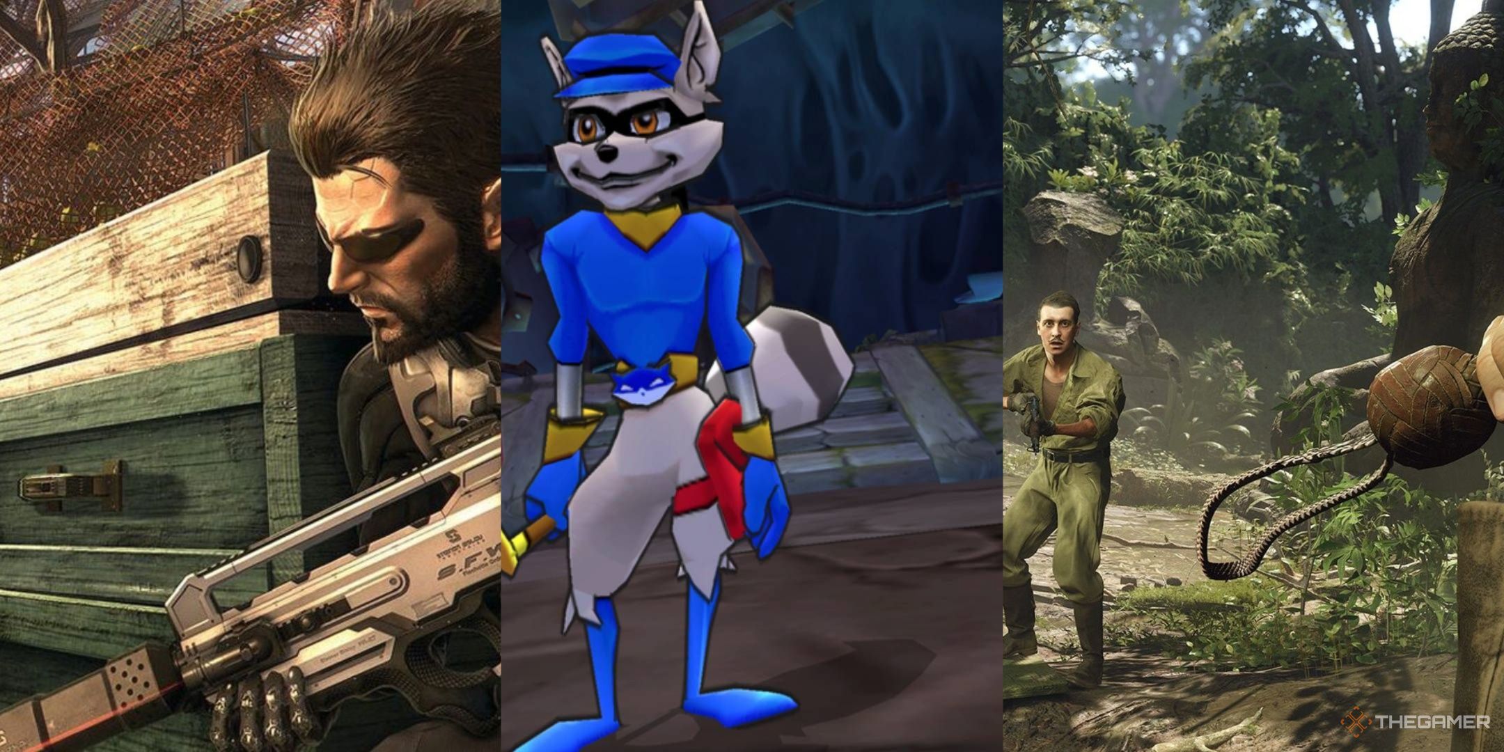 Adam Jensen peering from cover in mankind divided, sly cooper leaning on one leg in sly 3, and an enemy recoiling in fear from indiana jones' whip in the great circle, left to right.