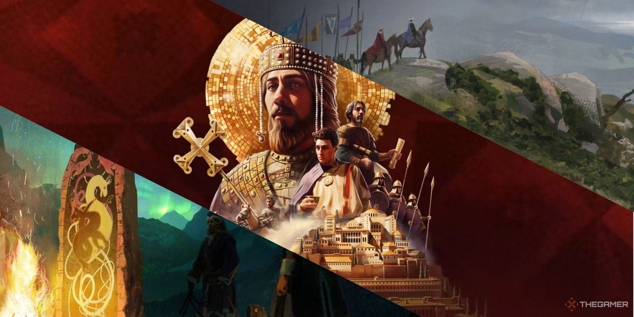 A standing stone art, the key art for the streets of the Power DLC, and the role on the horses on a hill, all the crusaders in the crusades 3.