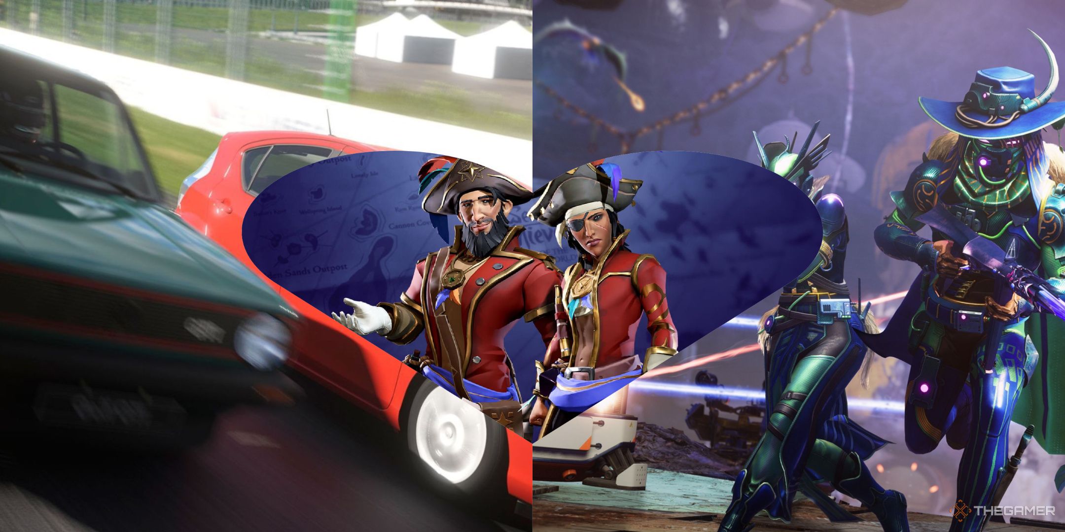 Split image of Gran Turismo and Destiny 2 with Sea of Thieves pirates in a heart over the middle of the image.