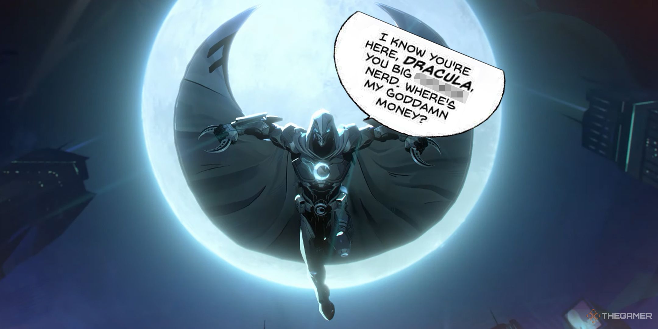 Moon Knight with a speech bubble saying: 