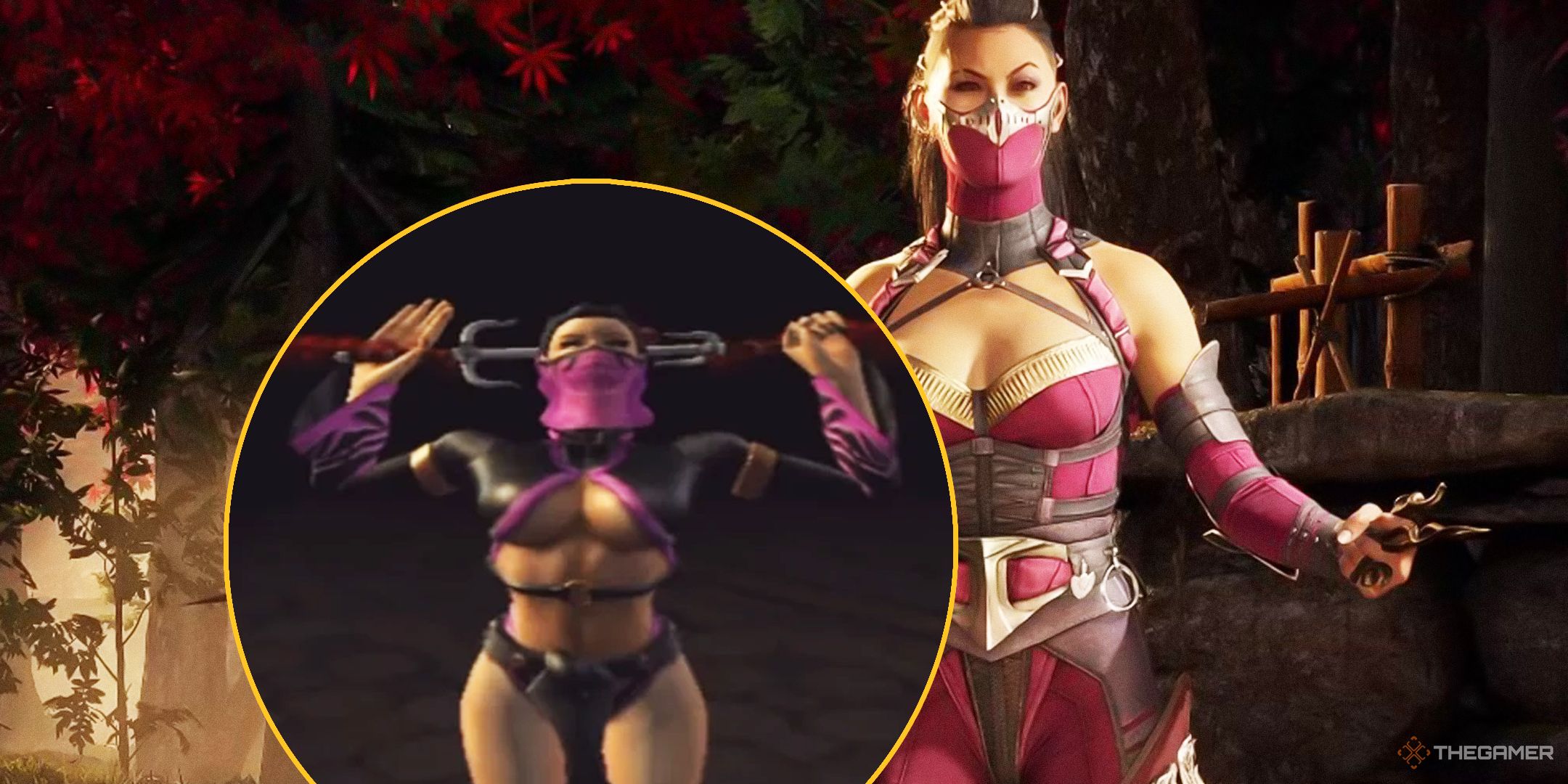 Mortal Kombat Deception screenshot of Mileena stabbing herself with her own Sai over the top of a Mortal Kombat 1 screenshot of Mileena standing in the woods.