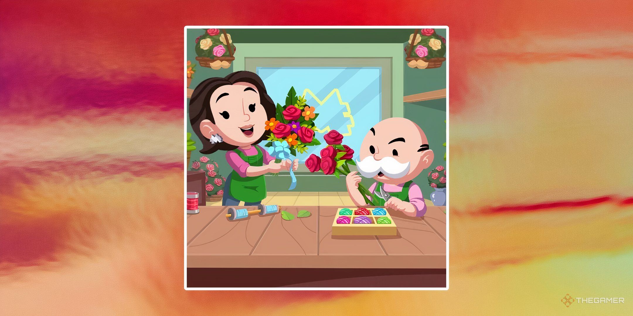 Mr. Monopoly and a friend arranging flowers for the Bouquet Bash tournament in Monopoly Go.
