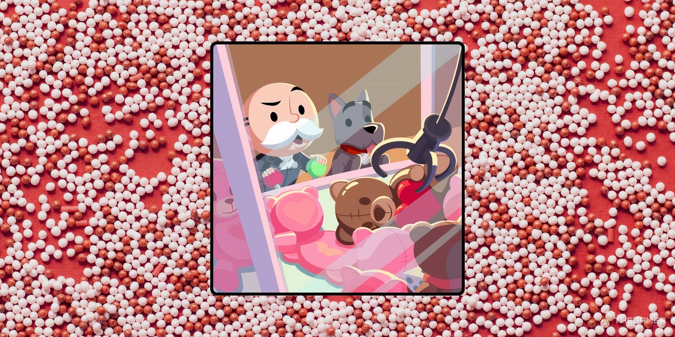 Mr. Monopoly and Scottie playing a crane game to win stuffed teddy bears for the Teddy Snatch tournament in Monopoly Go.