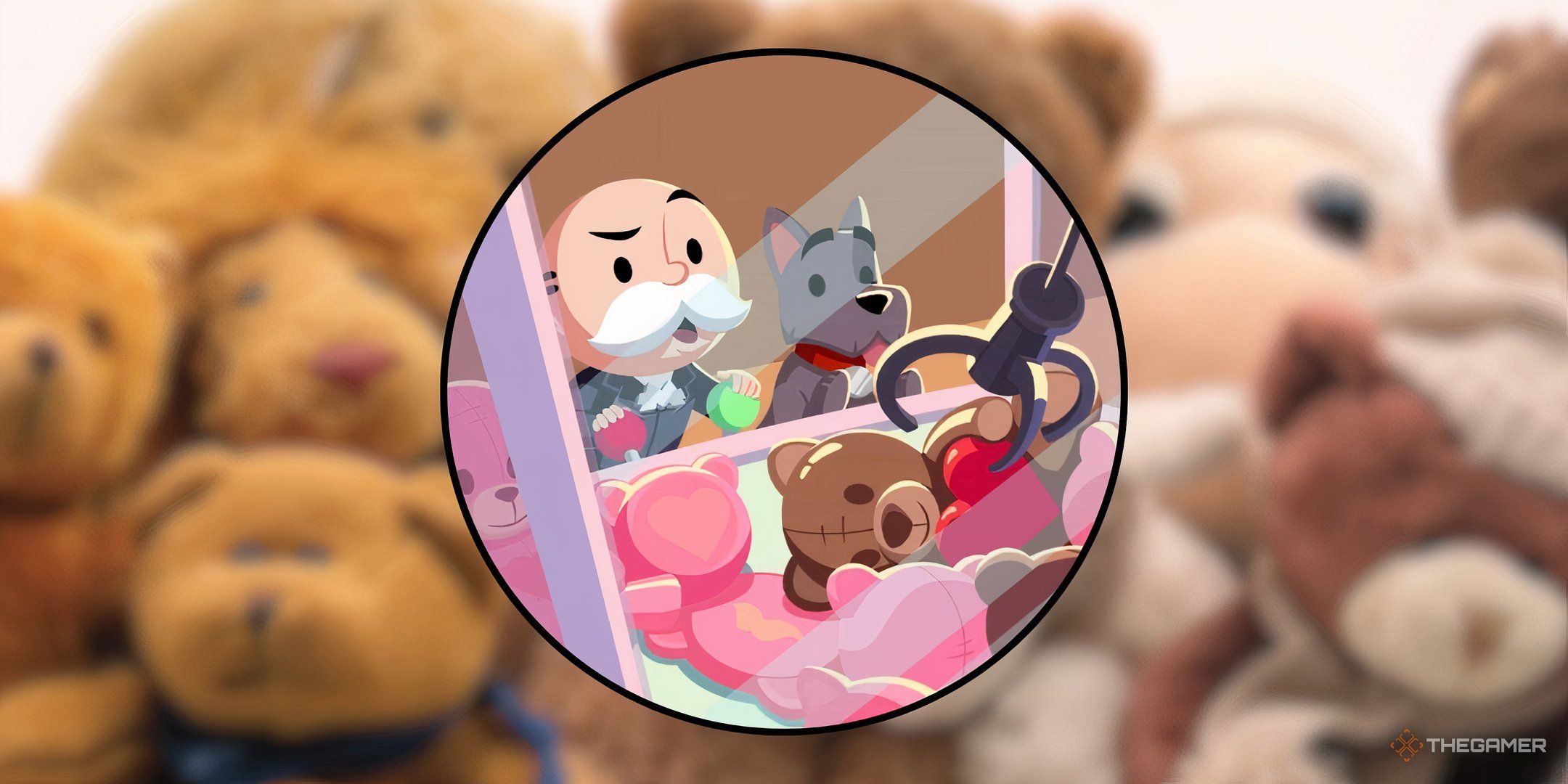 Mr. Monopoly and Scottie trying to win a stuffed bear from a crane game in front of a backdrop of several real stuffed bears for Teddy Snatch in Monopoly Go.