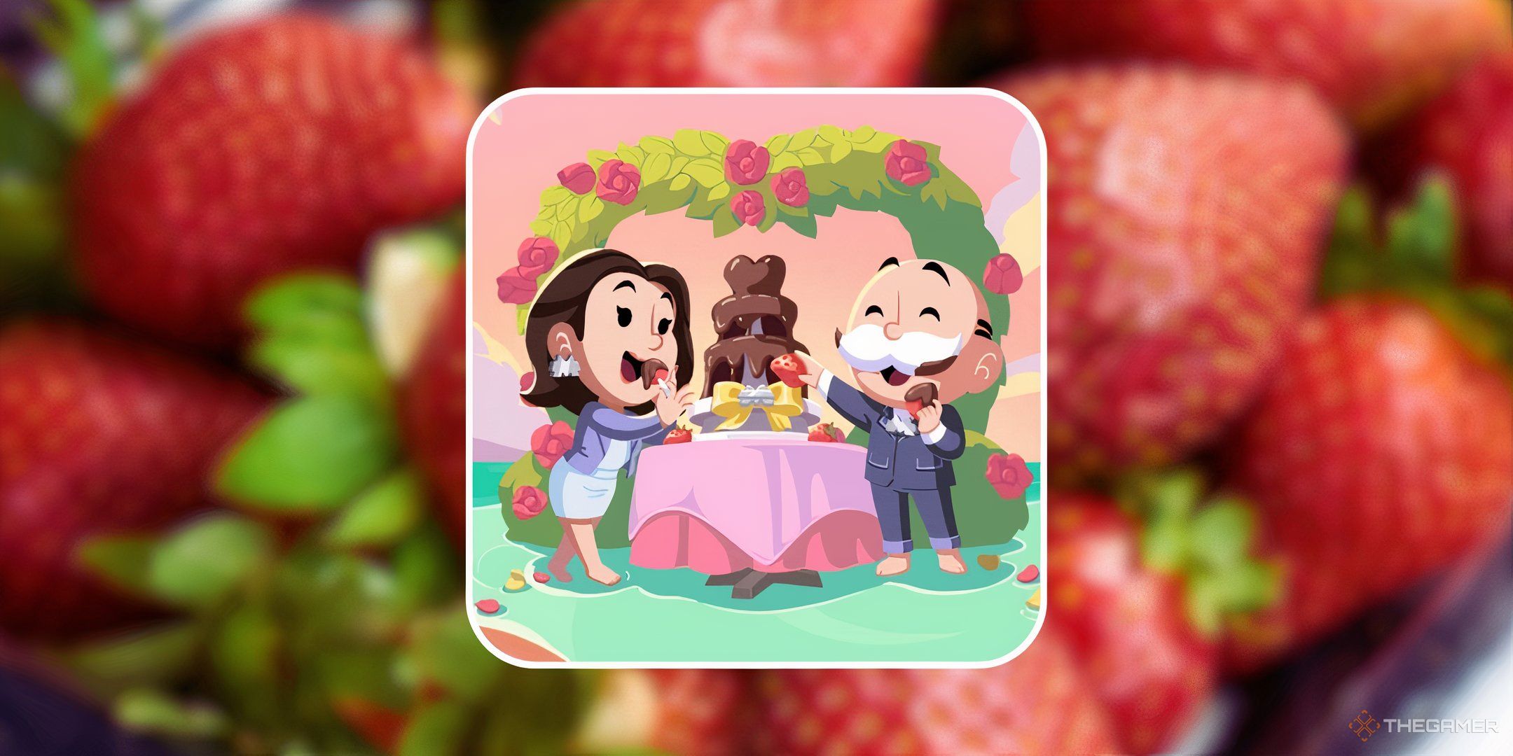 Mr. Monopoly dipping chocolate strawberries with a friend in front of a blurred background of strawberries for the Strawberry Sprint tournament in Monopoly Go.