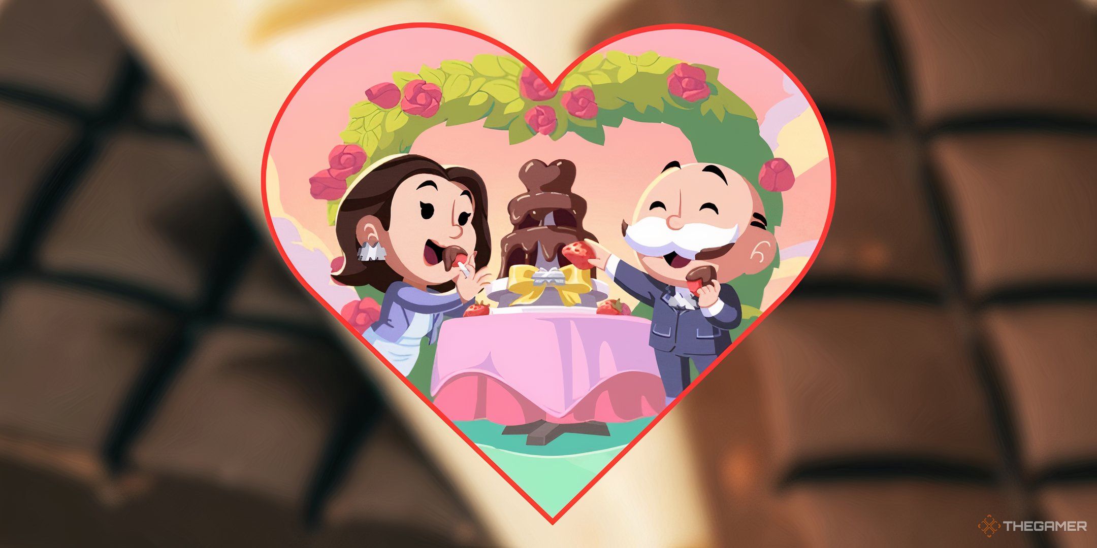Mr. Monopoly eating chocolate strawberries from a chocolate fondue fountain with another character from Monopoly Go for the Strawberry Sprint tournament, in front of bars of chocolate in varying types.