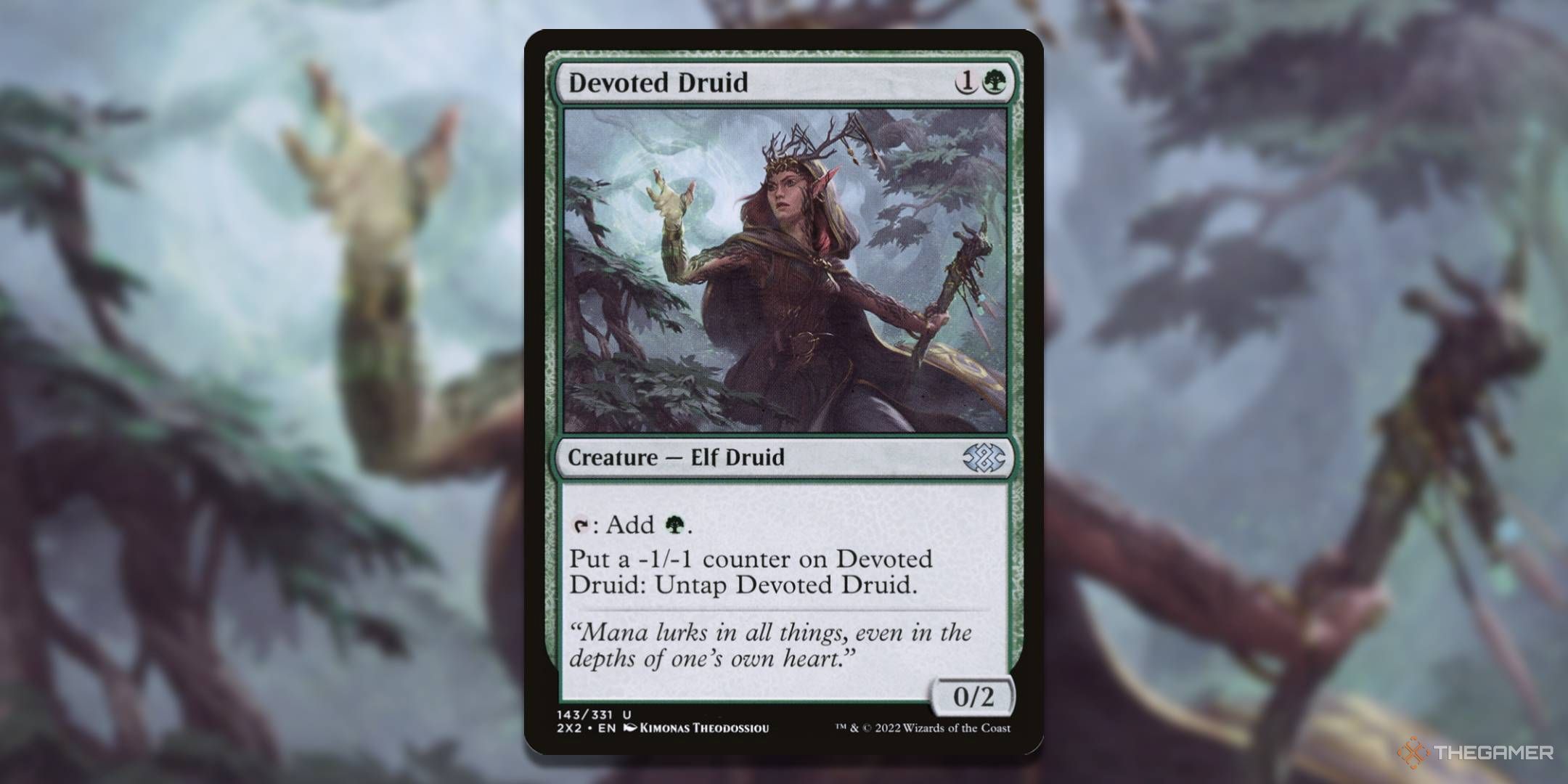 MTG Devoted Druid card with the art in the background.