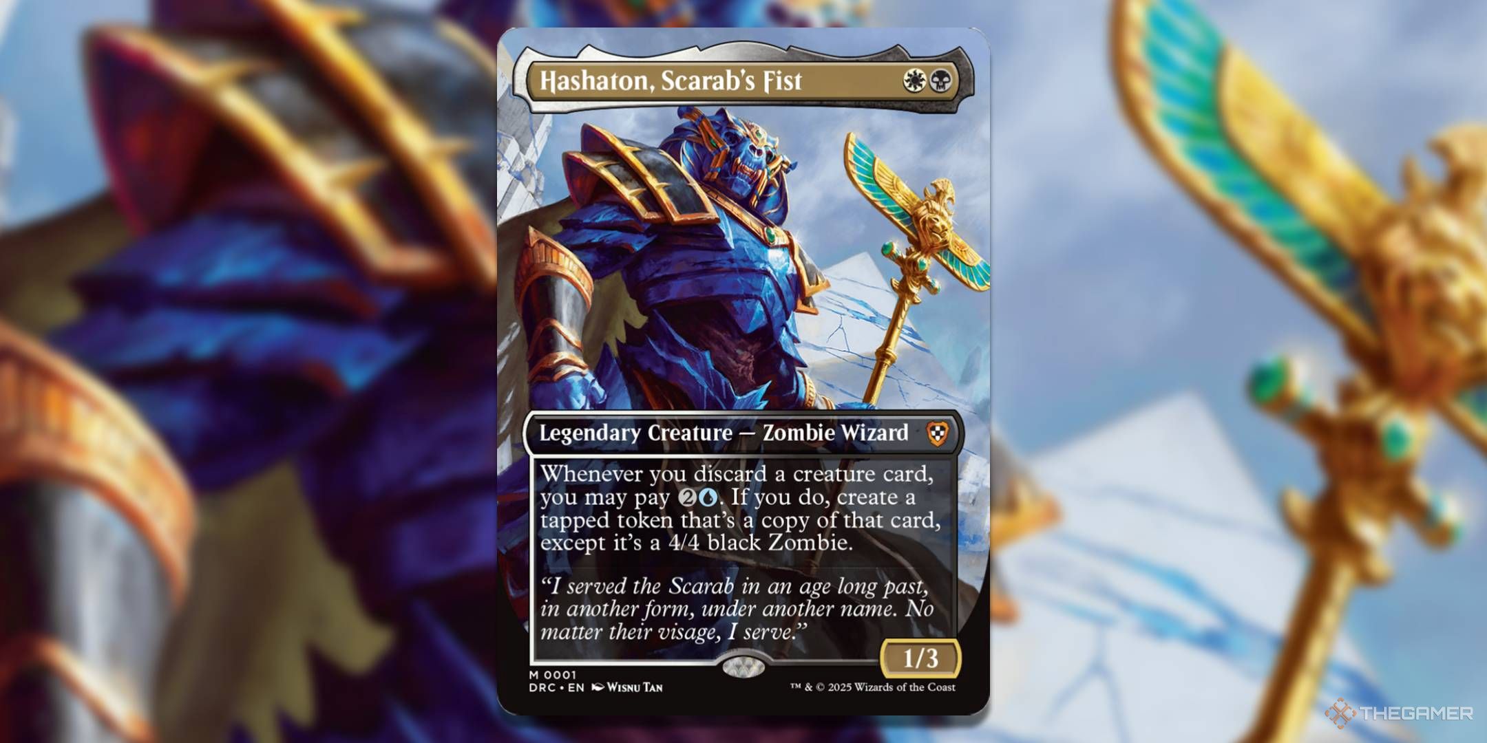 MTG Hashaton, Scarab's Fist card with the art in the background.